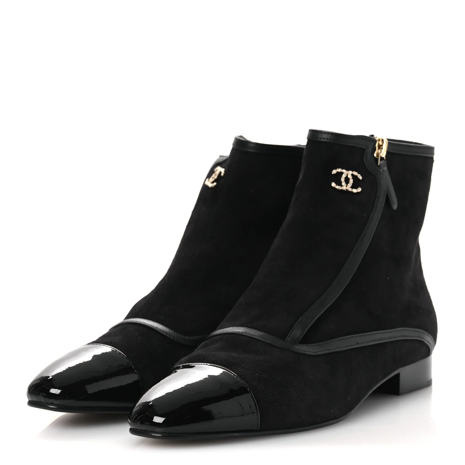 Suede Lambskin Patent Calfskin CC Cap Toe Ankle Boots 40 Black - Image 4