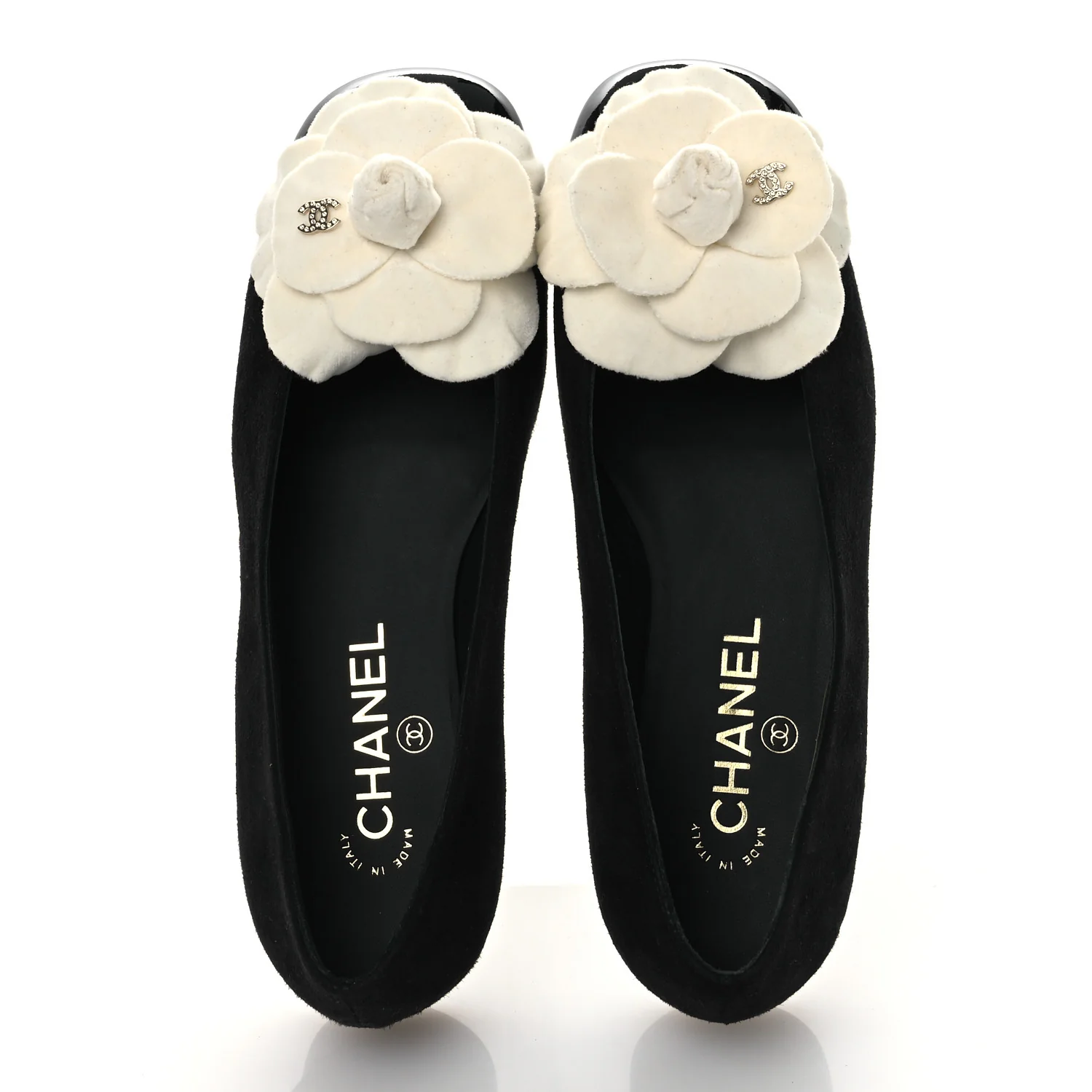 Suede Patent Cap Toe Camellia Ballerina Flats 36.5 Black White - Image 2