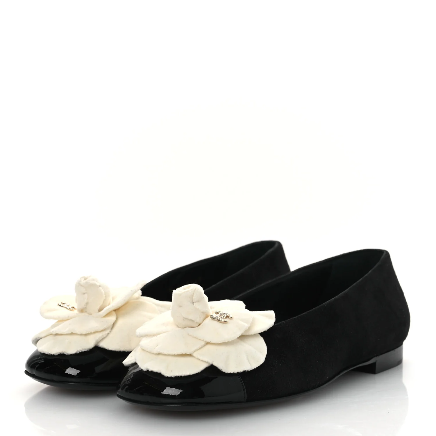 Suede Patent Cap Toe Camellia Ballerina Flats 36.5 Black White - Image 4