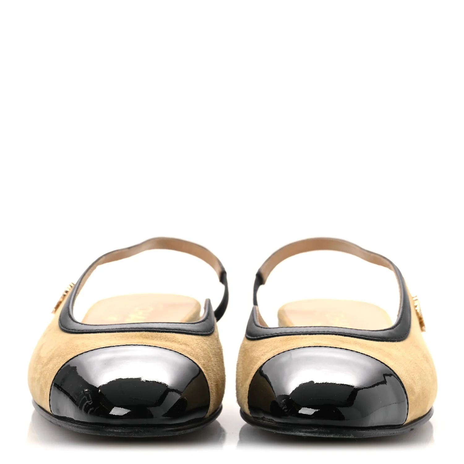 Suede Patent Crystal CC Cap Toe Slingback Flats 37 Beige Black - Image 3