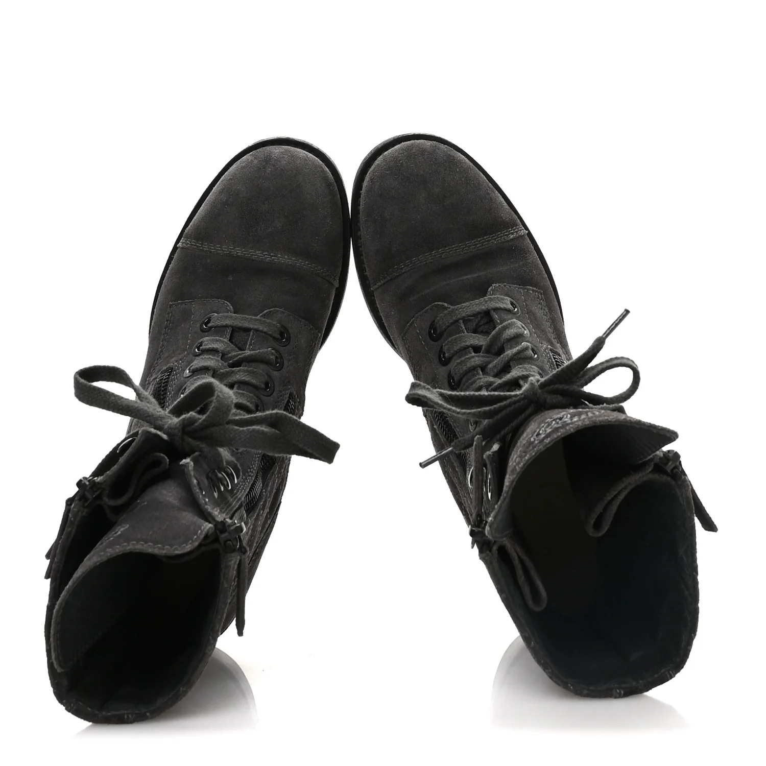 Suede Quilted CC Tall Lace Up Combat Boots 38 Grey - Image 2