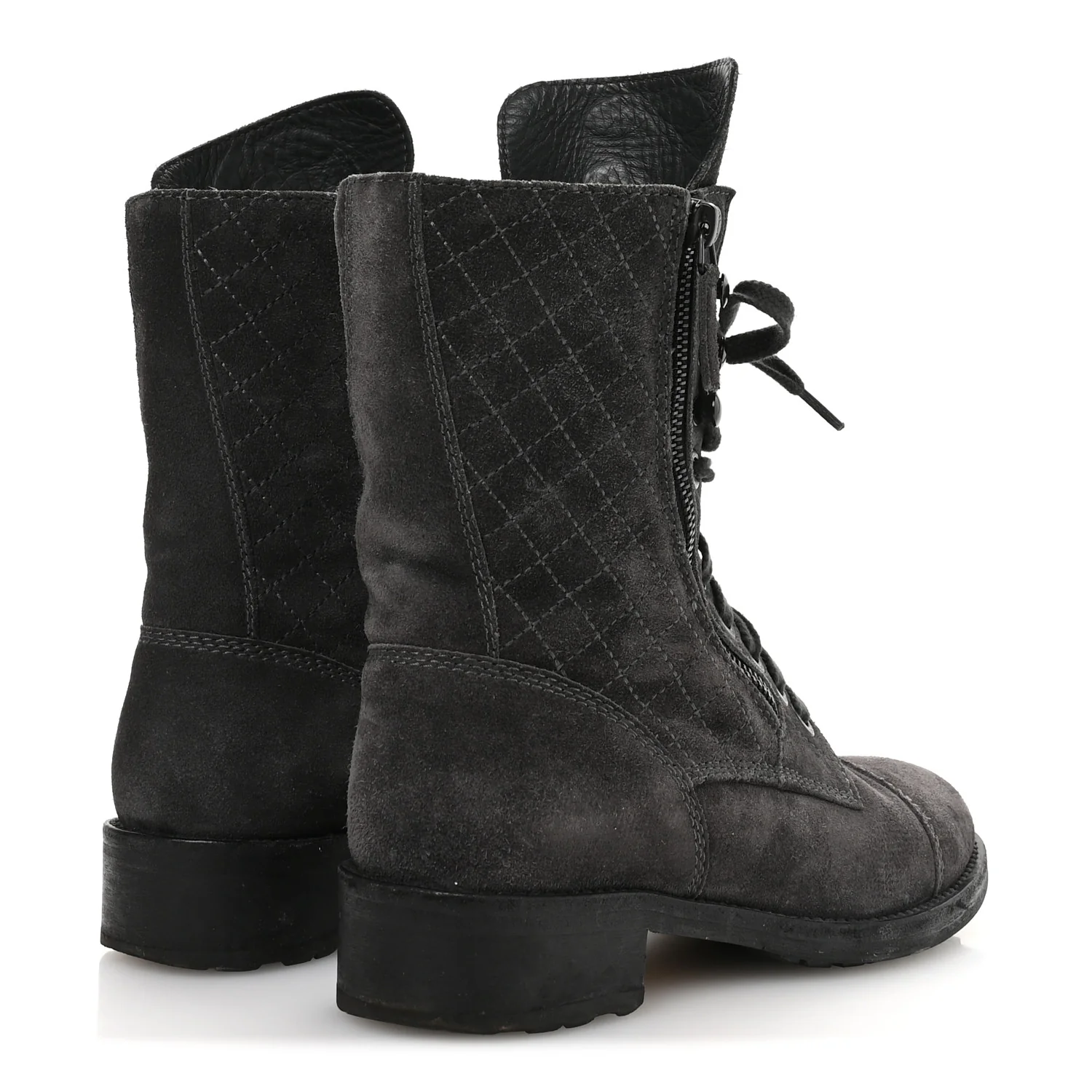 Suede Quilted CC Tall Lace Up Combat Boots 38 Grey - Image 5