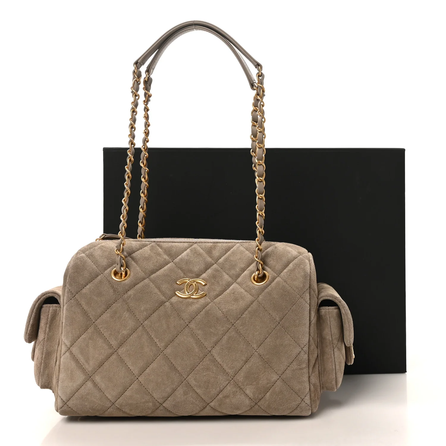 Suede Quilted Chanel 25 Bowling Bag Dark Grey - Image 11