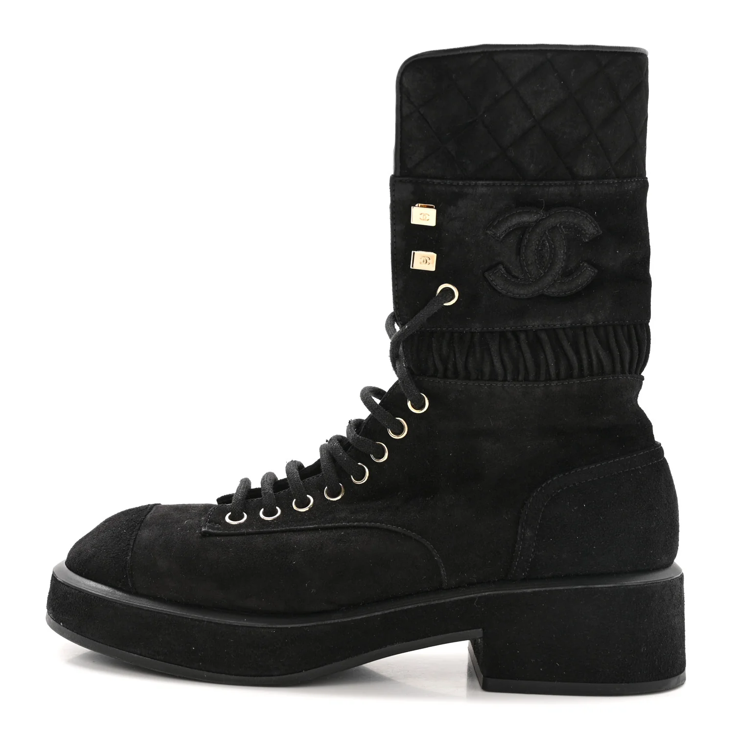 Suede Quilted Lace Up Combat Boots 38.5 Black