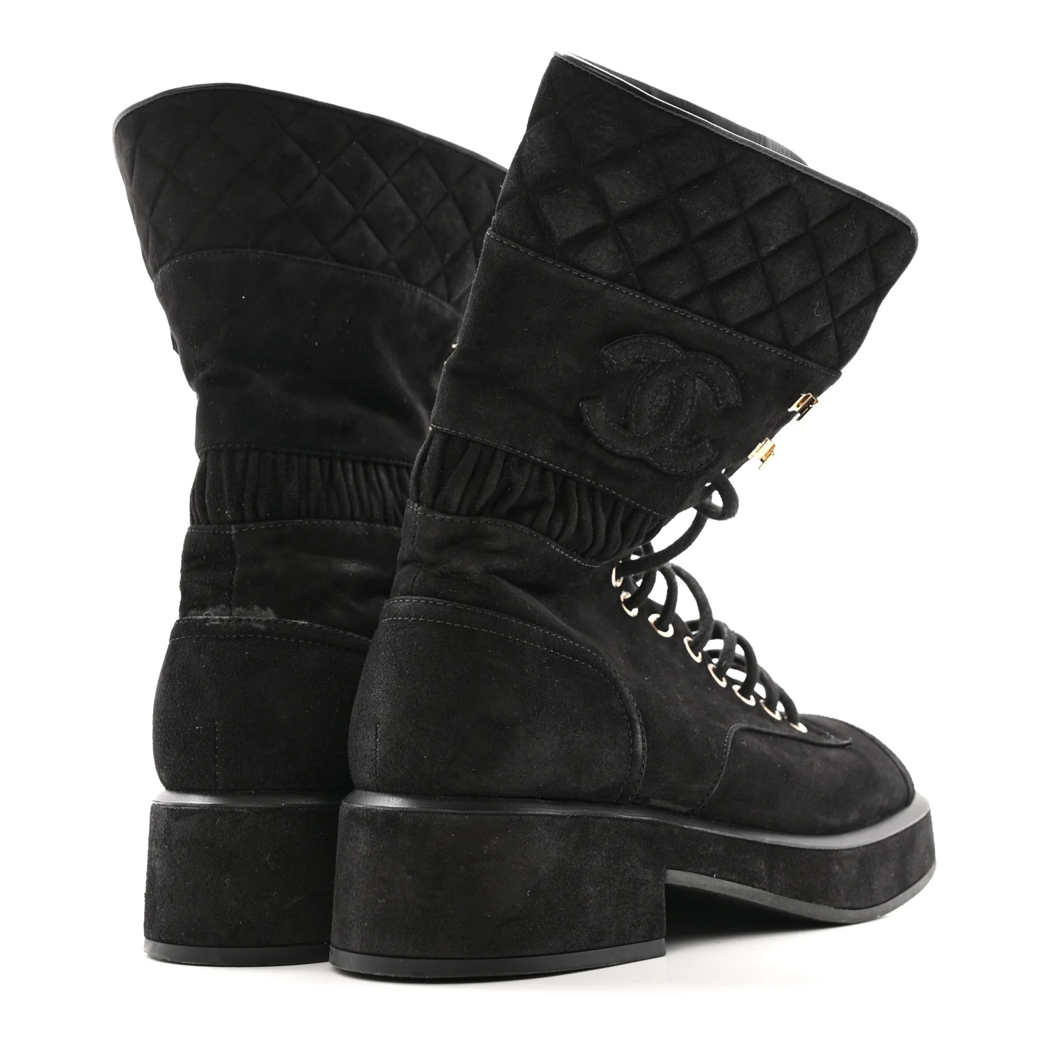 Suede Quilted Lace Up Combat Boots 38.5 Black - Image 5