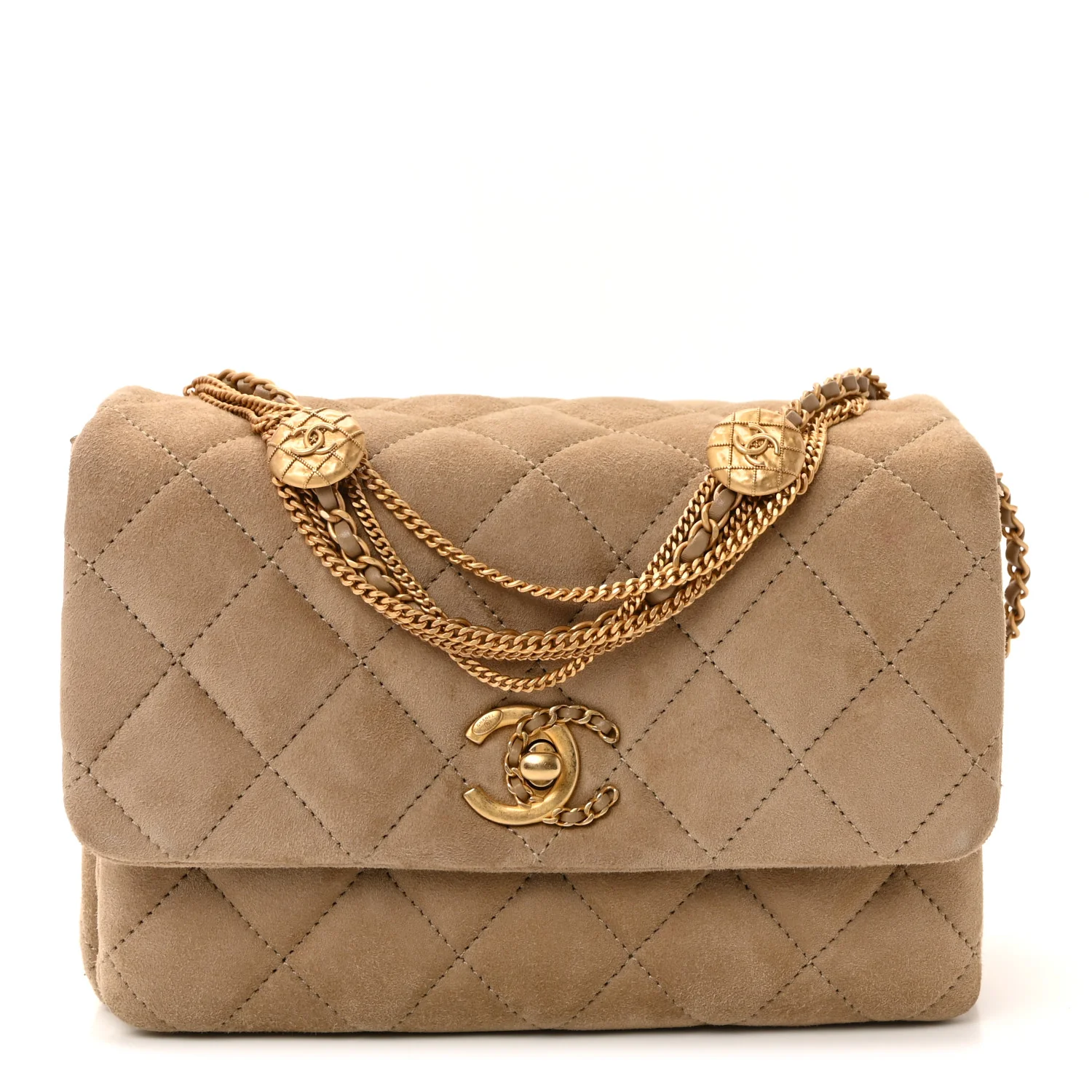 Suede Quilted Precious Buttons Flap Beige