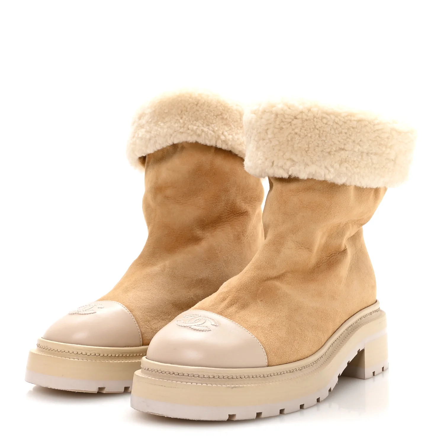 Suede Shearling Cap Toe Short Boots 38 Beige - Image 4