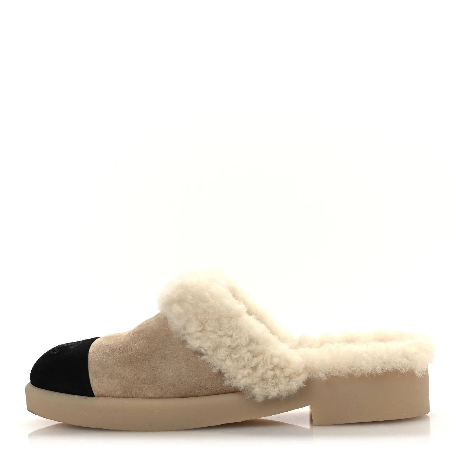 Suede Shearling CC Cap Toe Mules 38.5 Beige Black