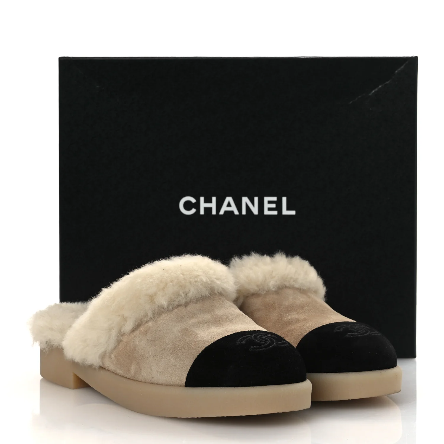 Suede Shearling CC Cap Toe Mules 38.5 Beige Black - Image 11