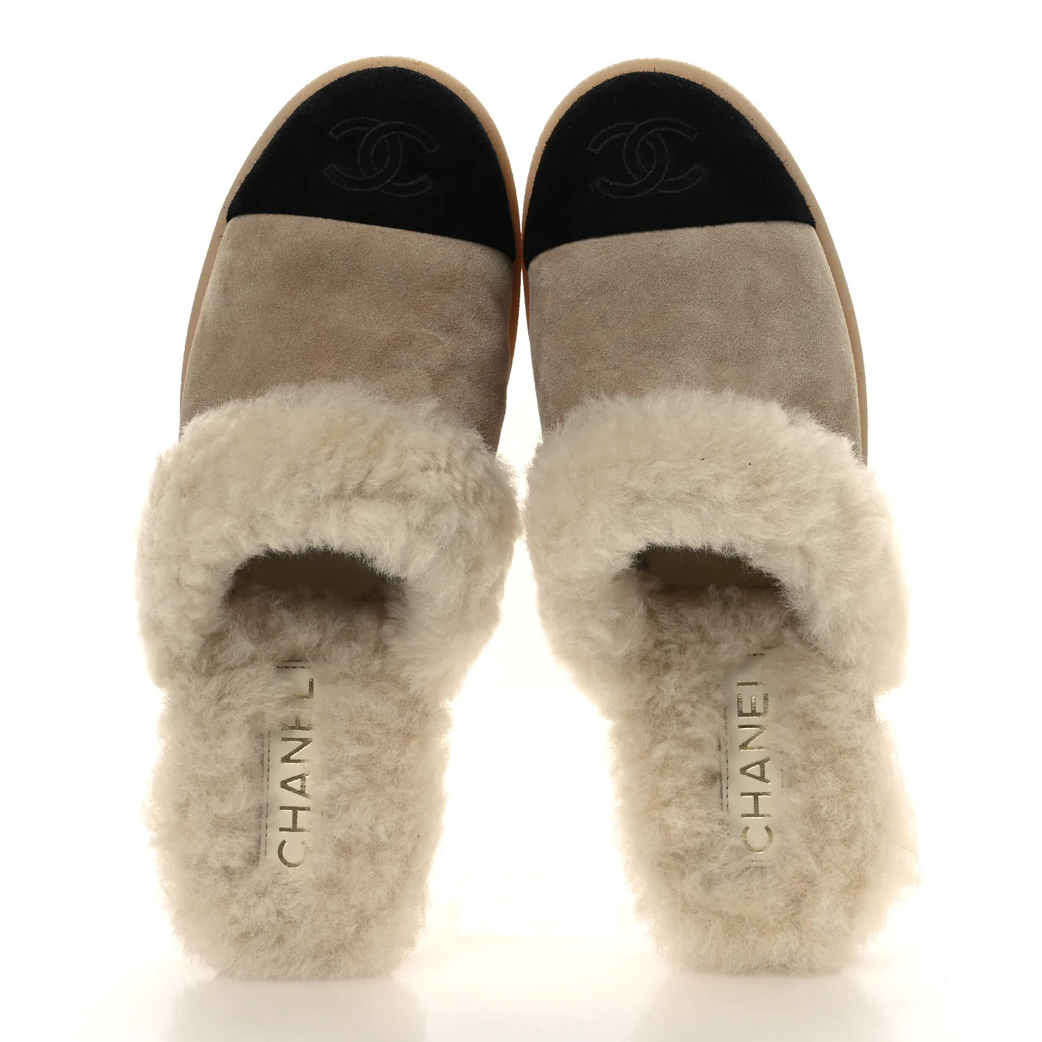 Suede Shearling CC Cap Toe Mules 38.5 Beige Black - Image 2