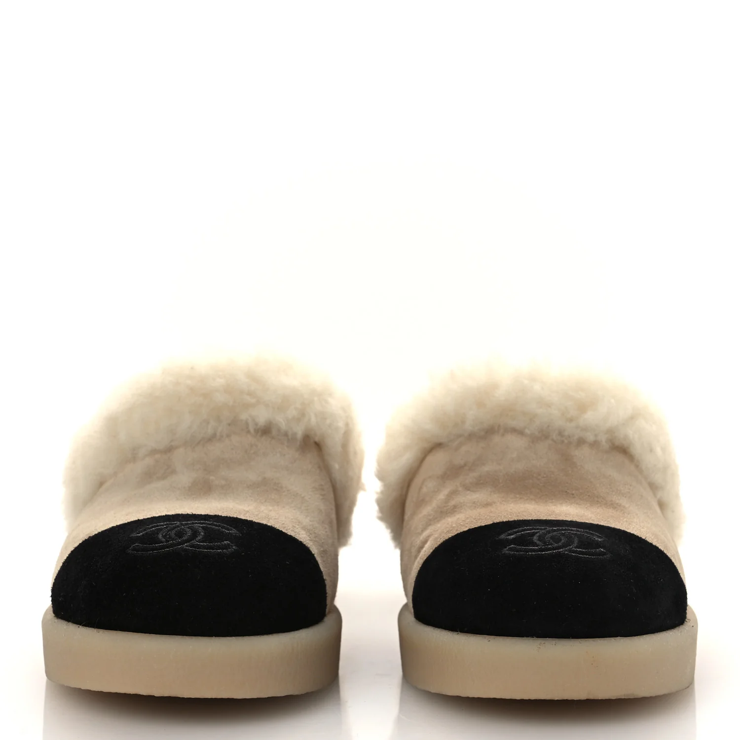 Suede Shearling CC Cap Toe Mules 38.5 Beige Black - Image 3