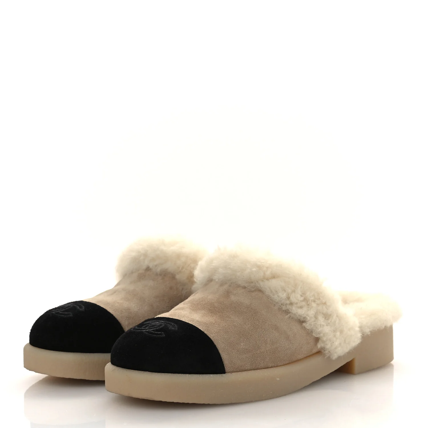 Suede Shearling CC Cap Toe Mules 38.5 Beige Black - Image 4