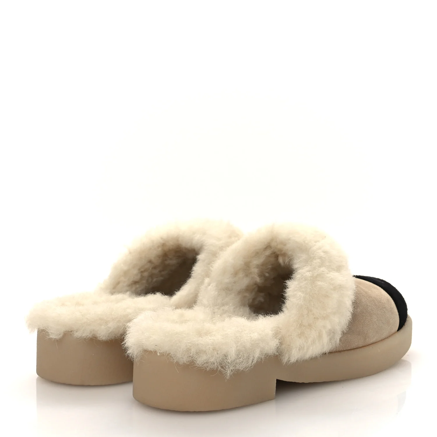 Suede Shearling CC Cap Toe Mules 38.5 Beige Black - Image 5