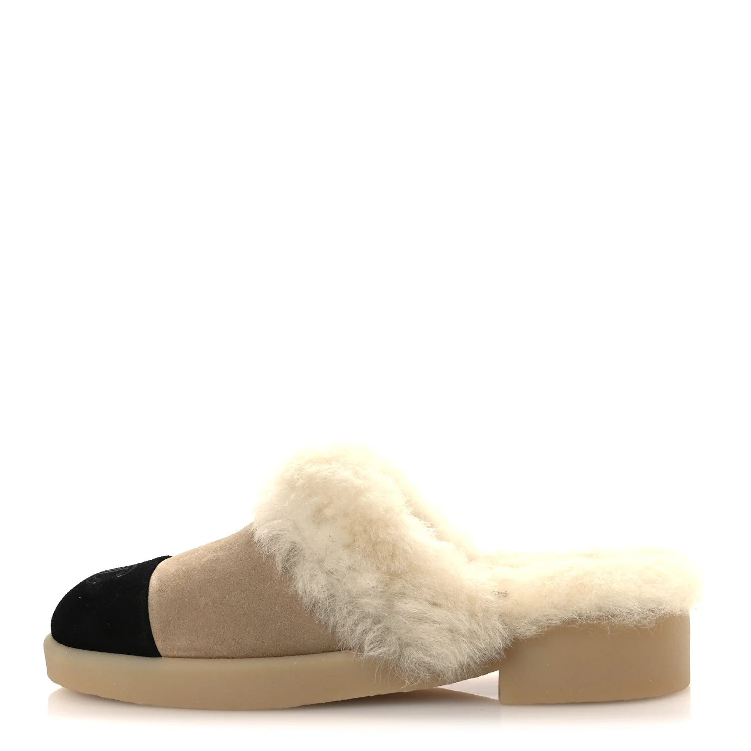 Suede Shearling CC Cap Toe Mules 39 Beige Black