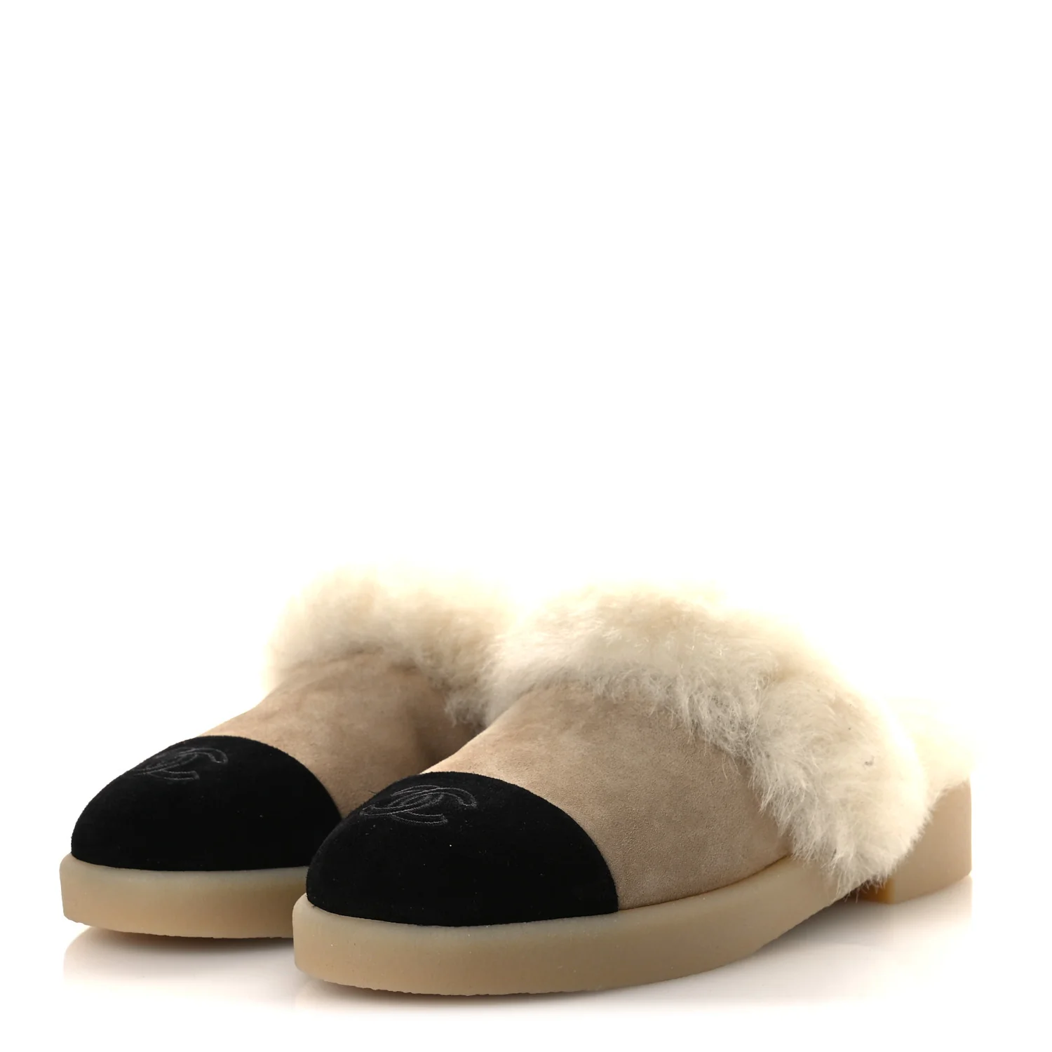 Suede Shearling CC Cap Toe Mules 39 Beige Black - Image 4