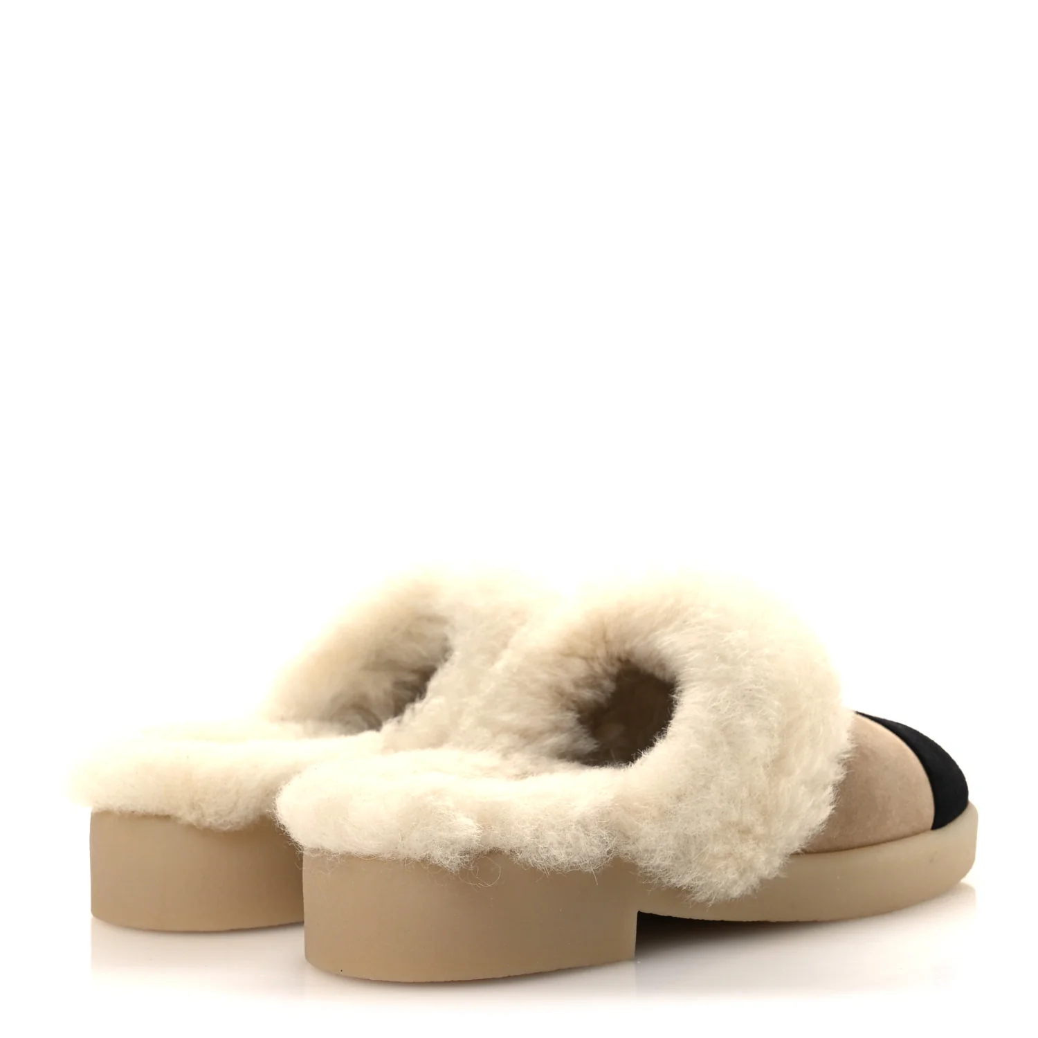 Suede Shearling CC Cap Toe Mules 39 Beige Black - Image 5