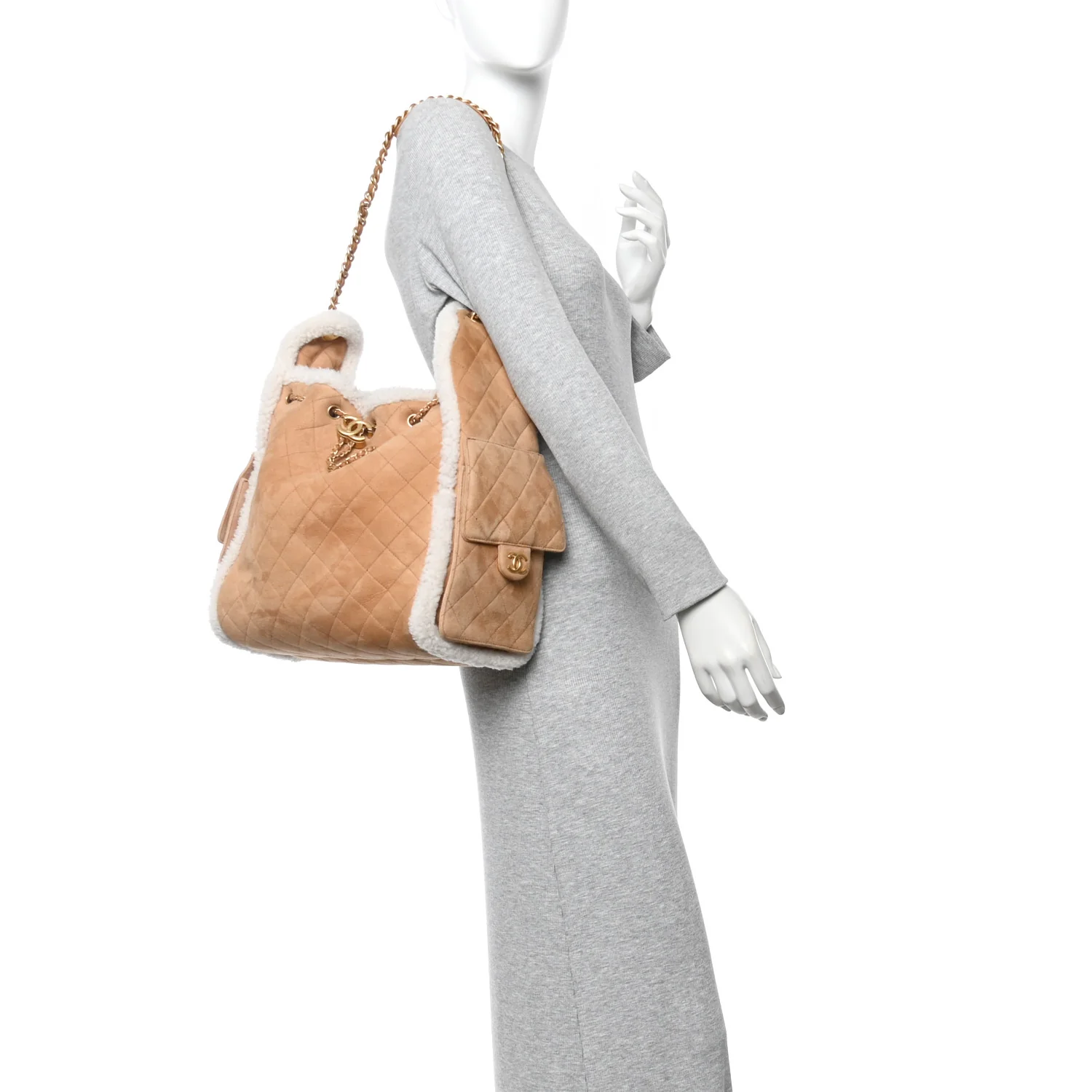 Suede Shearling Quilted Medium Chanel 25 Handbag Beige Natural - Image 2