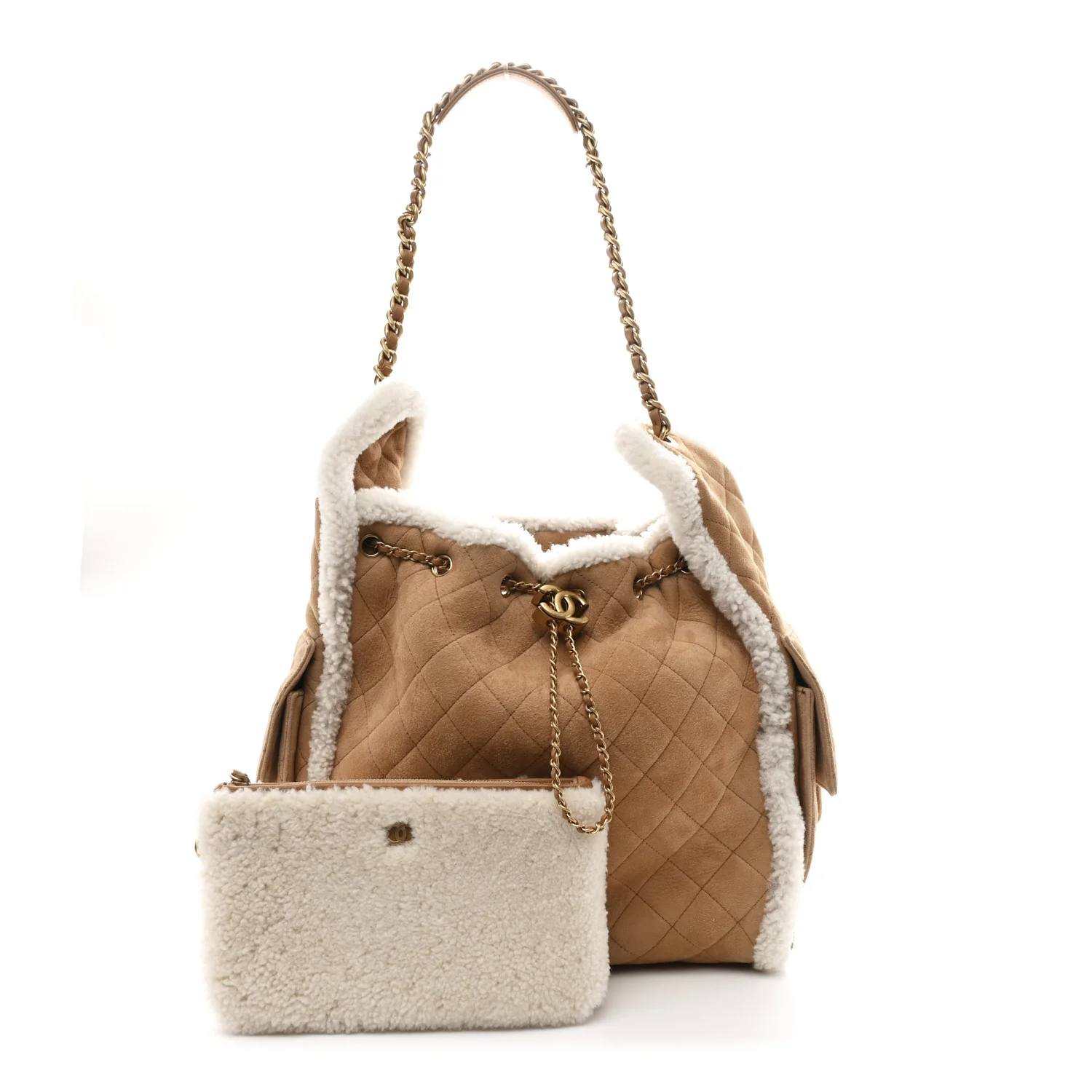 Suede Shearling Quilted Medium Chanel 25 Handbag Beige Natural - Image 3