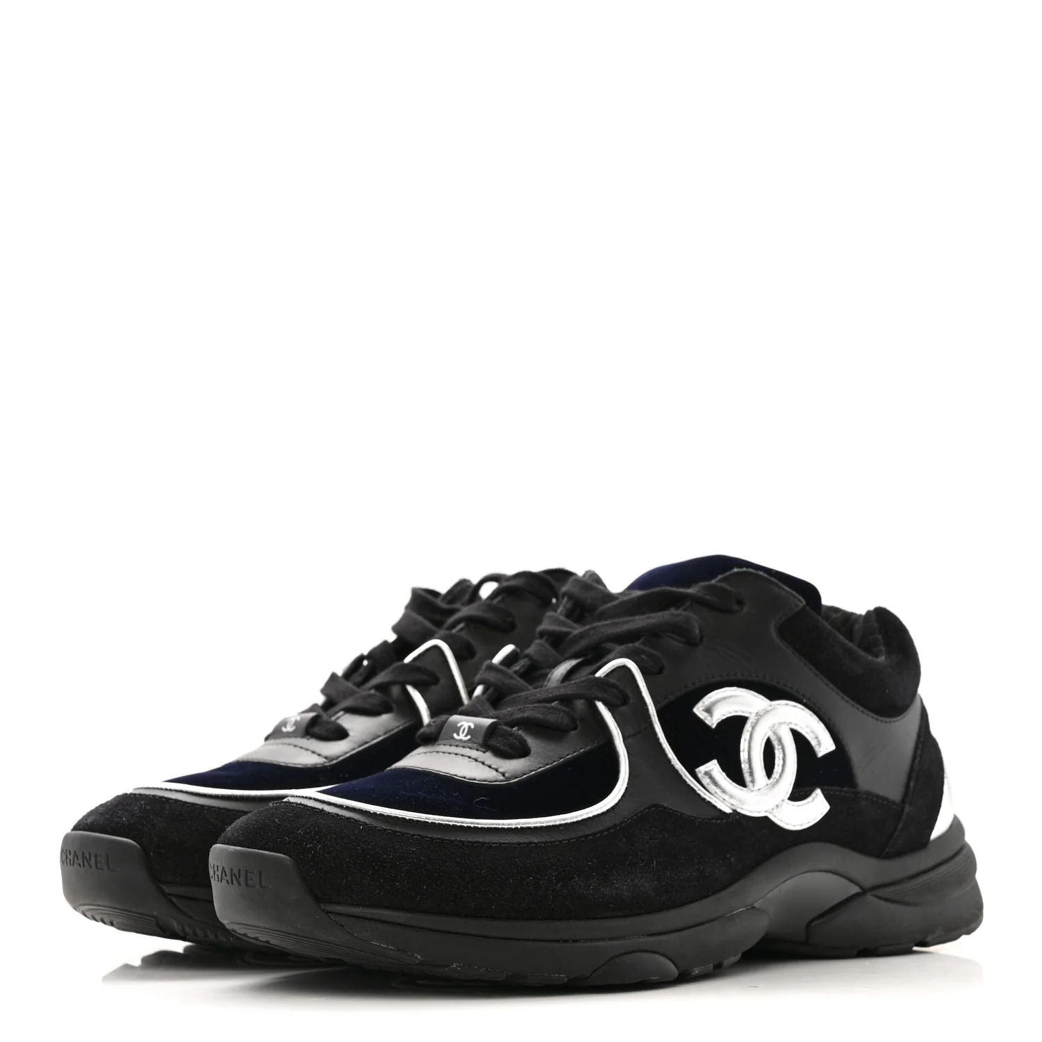 Suede Velvet Lambskin Mens CC Sneakers 44 Black Blue Silver - Image 4