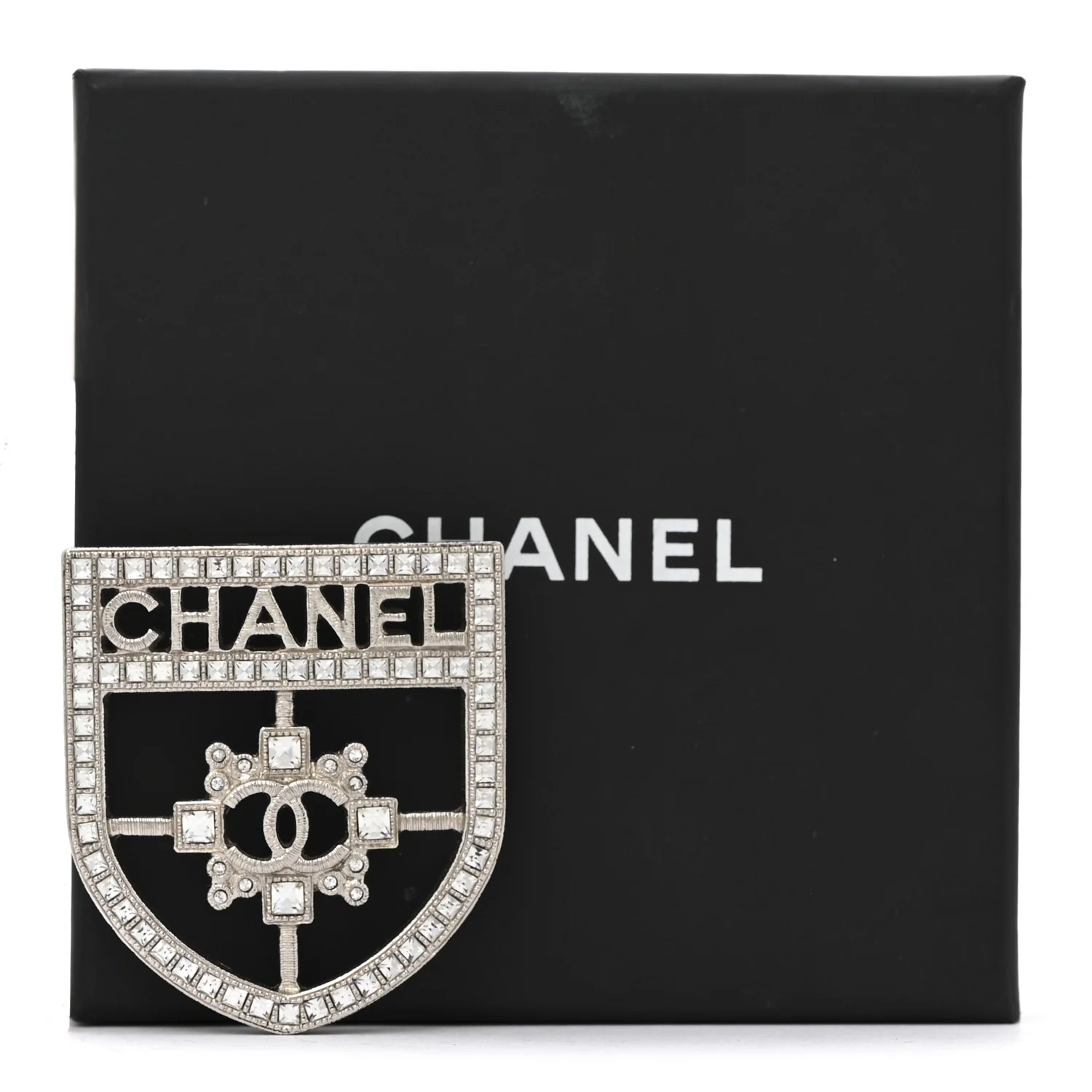 Swarovski Baguette Crystal CC Shield Brooch Silver - Image 5