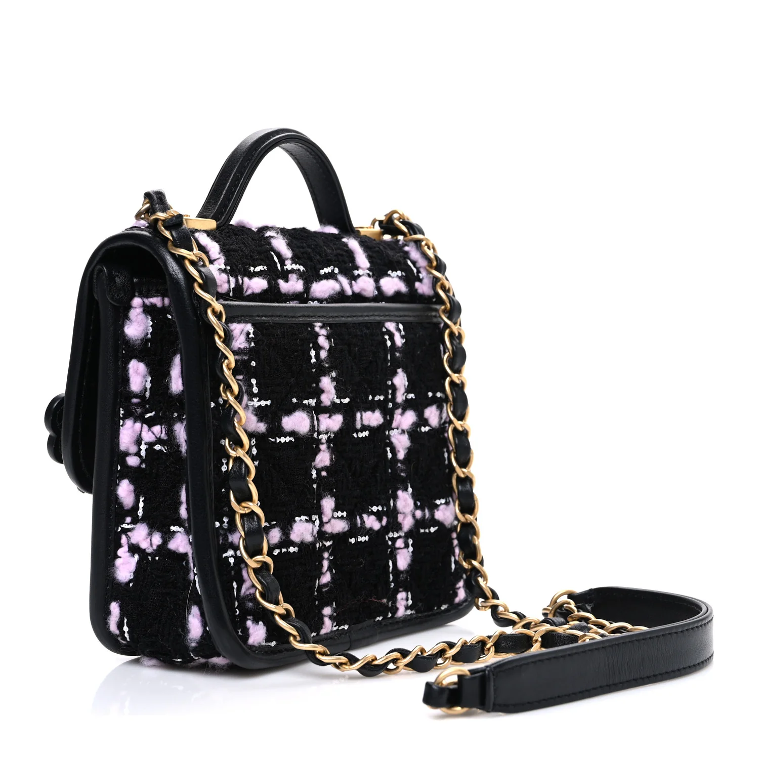 Tweed Calfskin School Memory Mini Top Handle Flap Black Pink White - Image 3