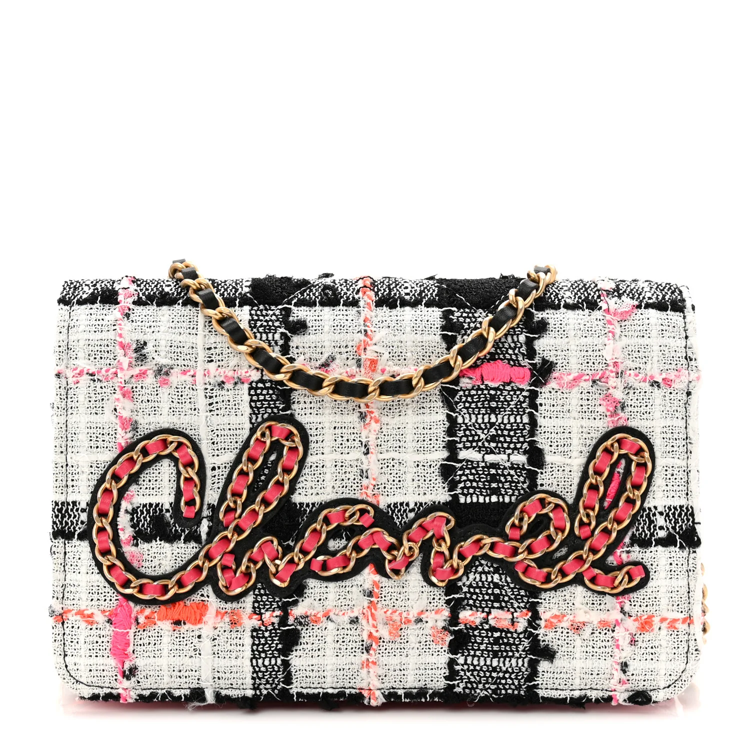 Tweed Calfskin Signe Wallet On Chain WOC Black Pink Orange