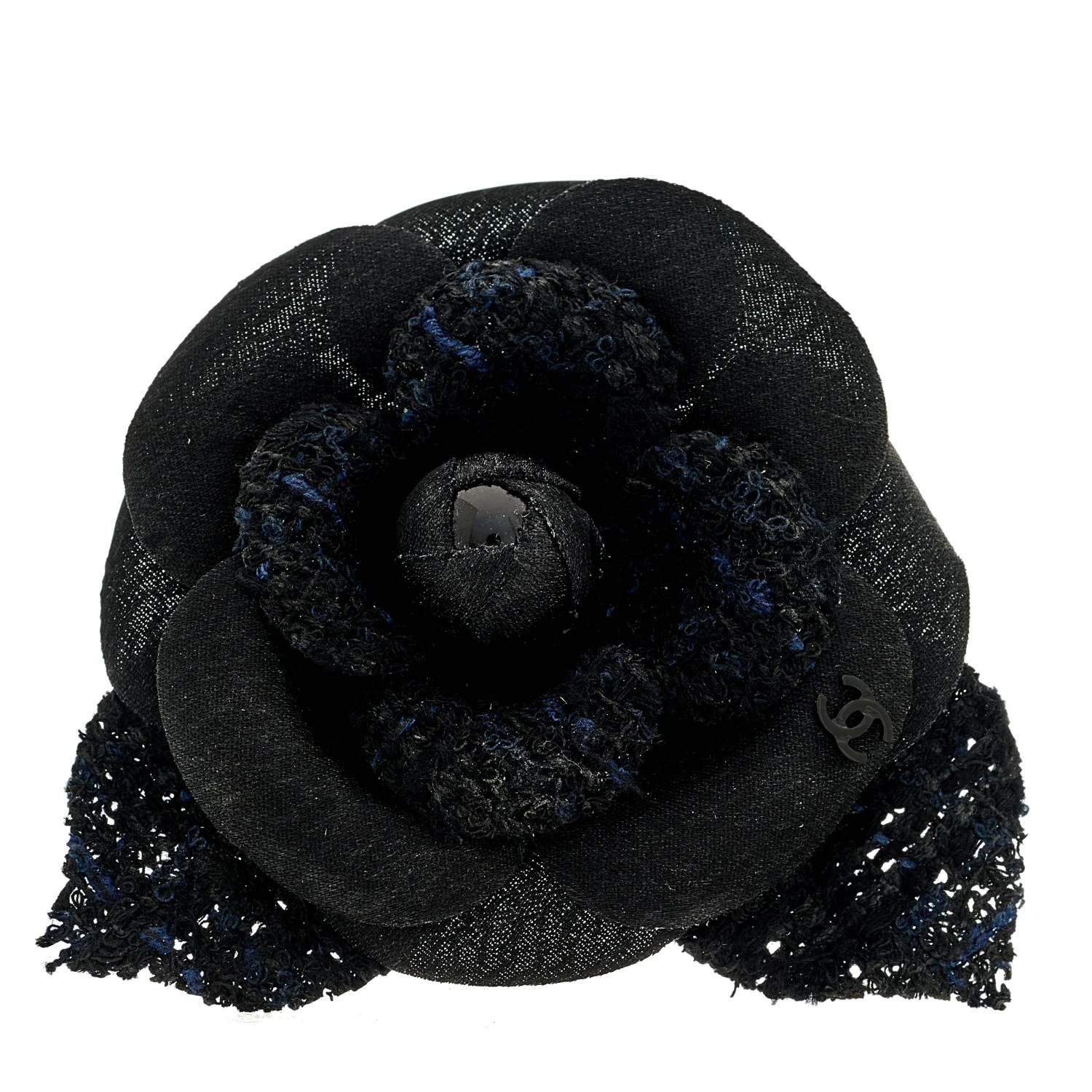 Tweed Fabric Camellia Pin Brooch 115/46 Navy Blue Black