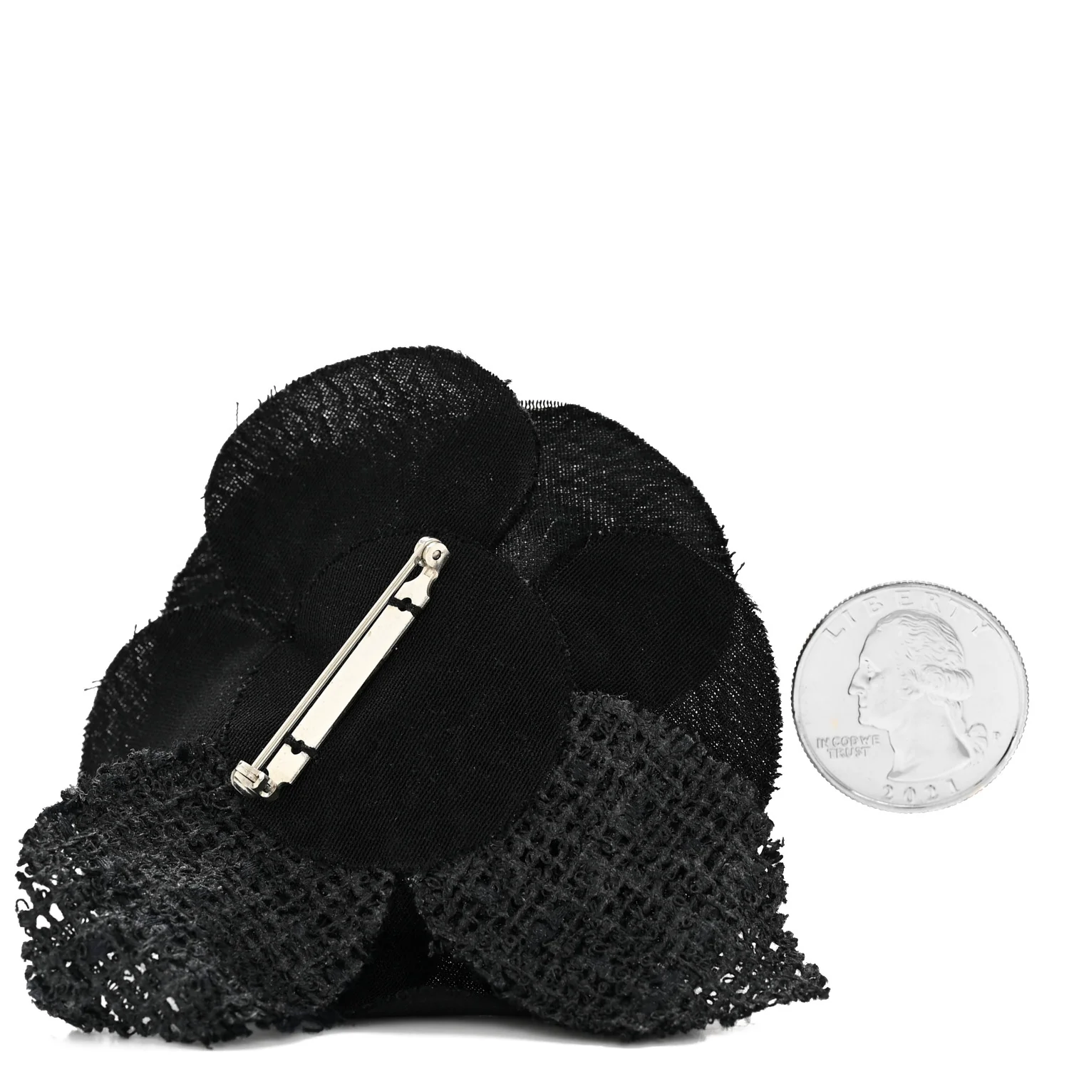 Tweed Fabric Camellia Pin Brooch Black - Image 2