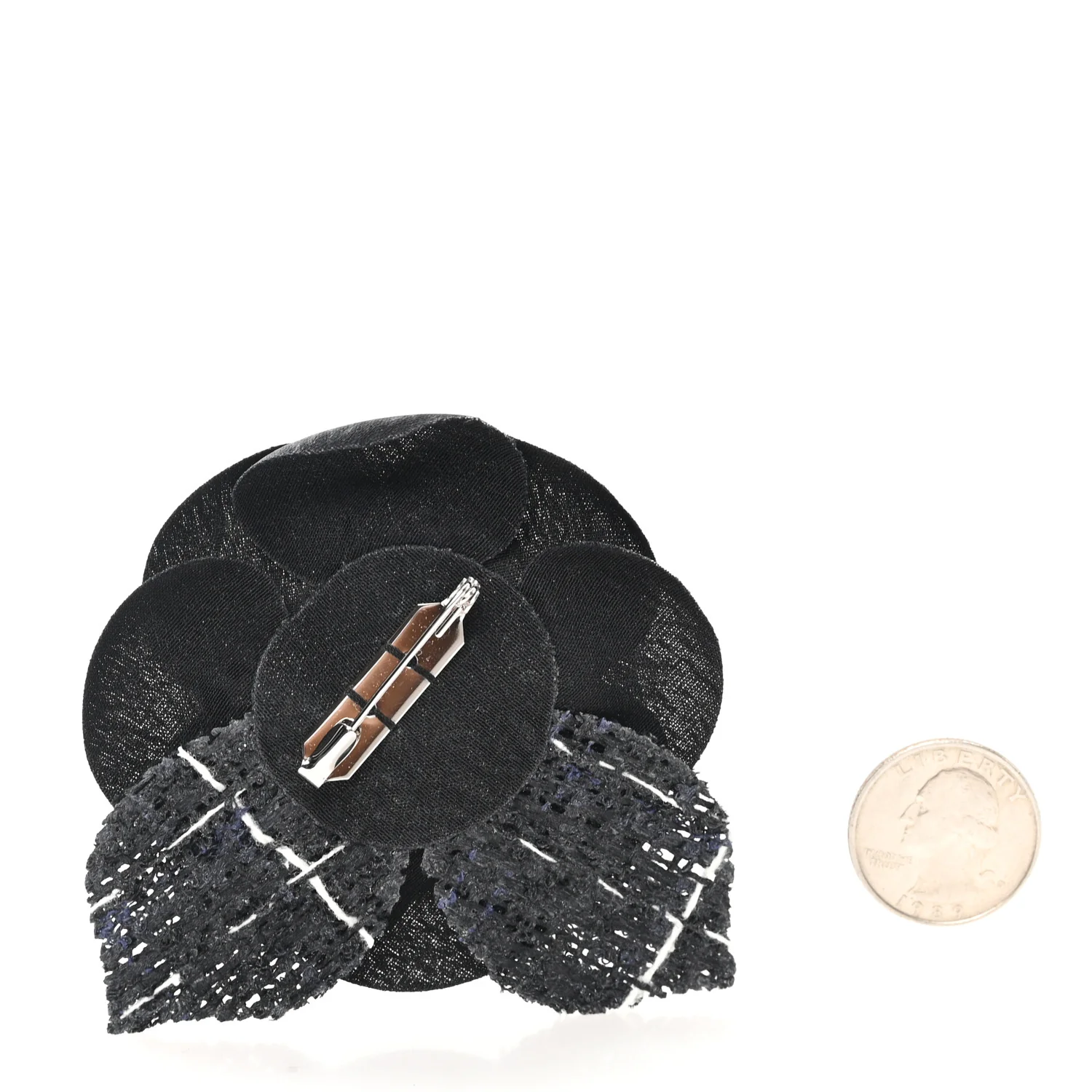 Tweed Fabric Camellia Pin Brooch Black - Image 2