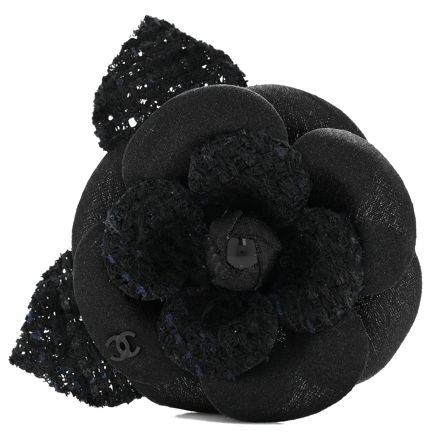 Tweed Fabric Camellia Pin Brooch Navy Blue Black