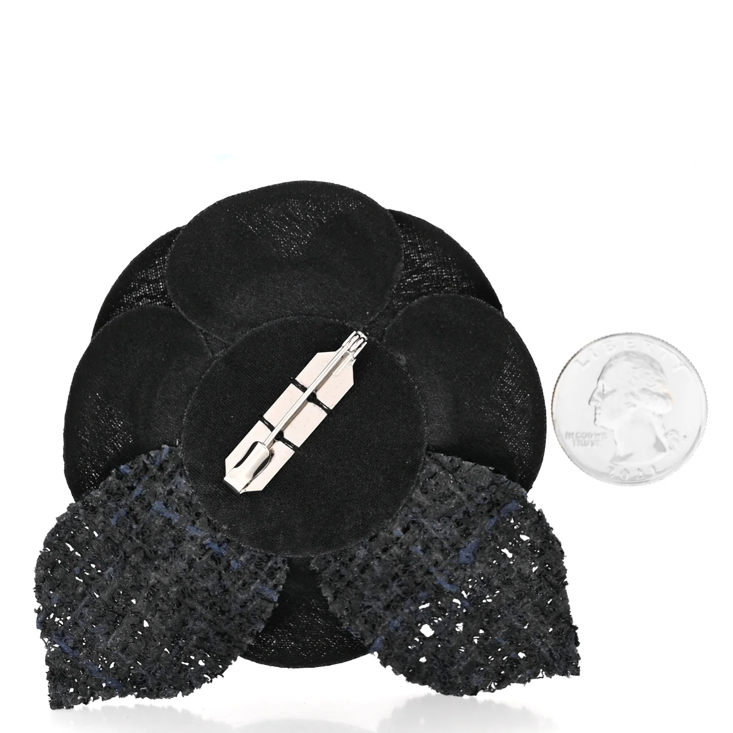 Tweed Fabric Camellia Pin Brooch Navy Blue Black - Image 2