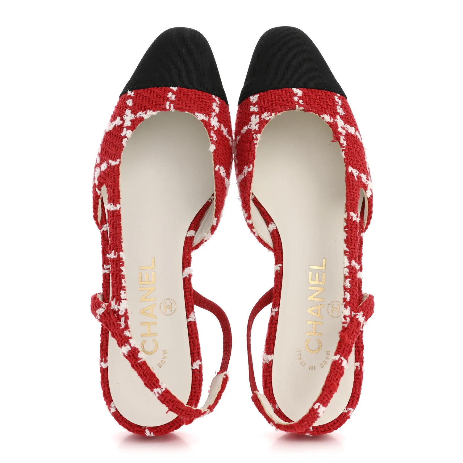 Tweed Grosgrain Cap Toe CC Slingback Flats 36 Red White - Image 2