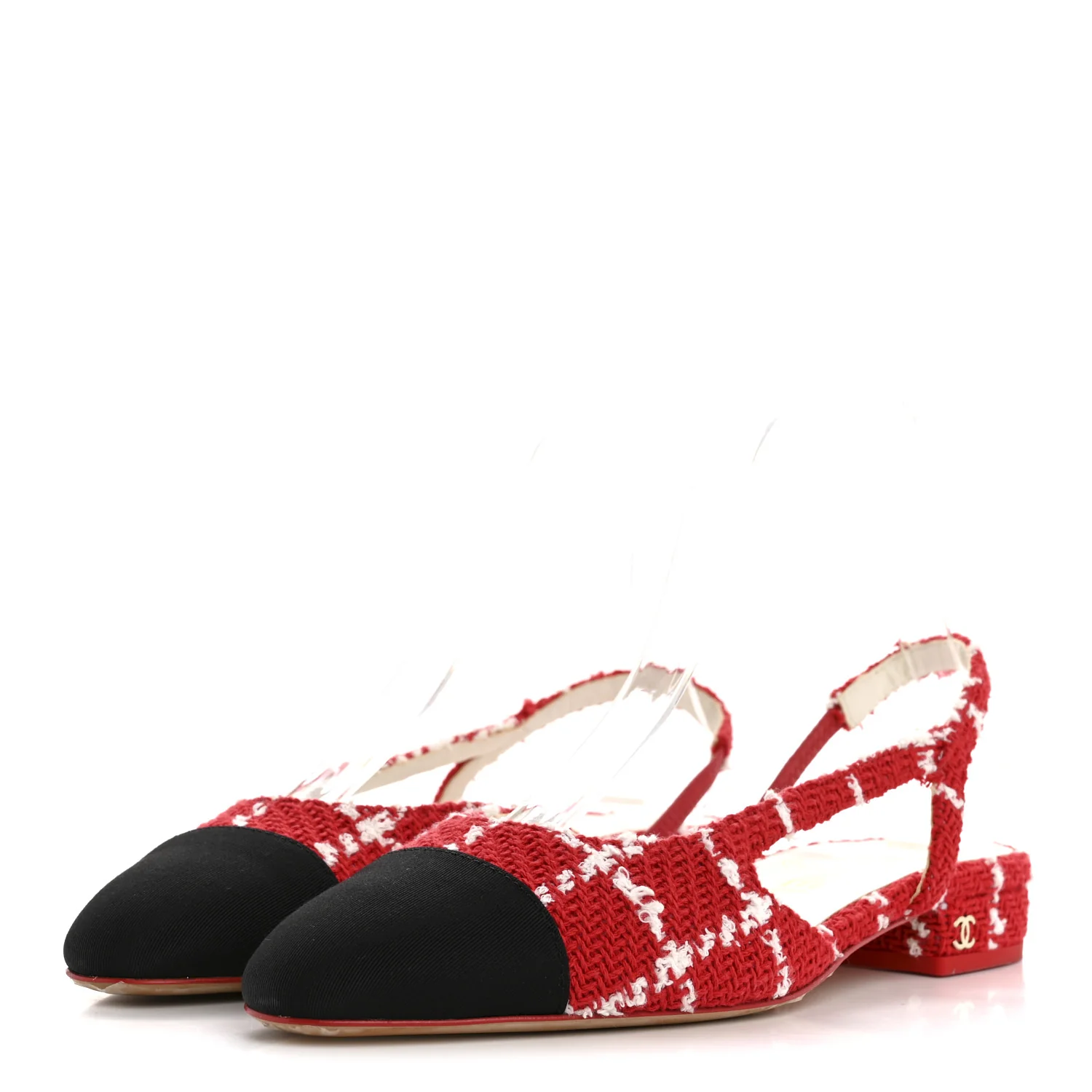 Tweed Grosgrain Cap Toe CC Slingback Flats 36 Red White - Image 4