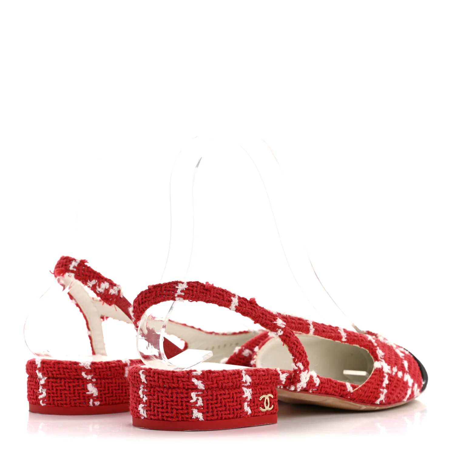 Tweed Grosgrain Cap Toe CC Slingback Flats 36 Red White - Image 5