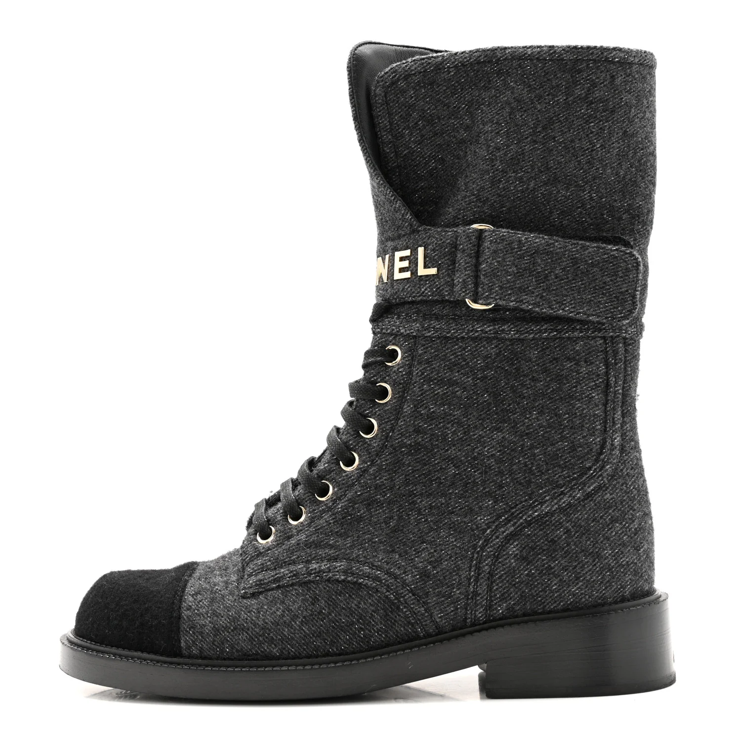 Tweed Lace Up Combat Boots 37.5 Dark Grey Black - Image 2