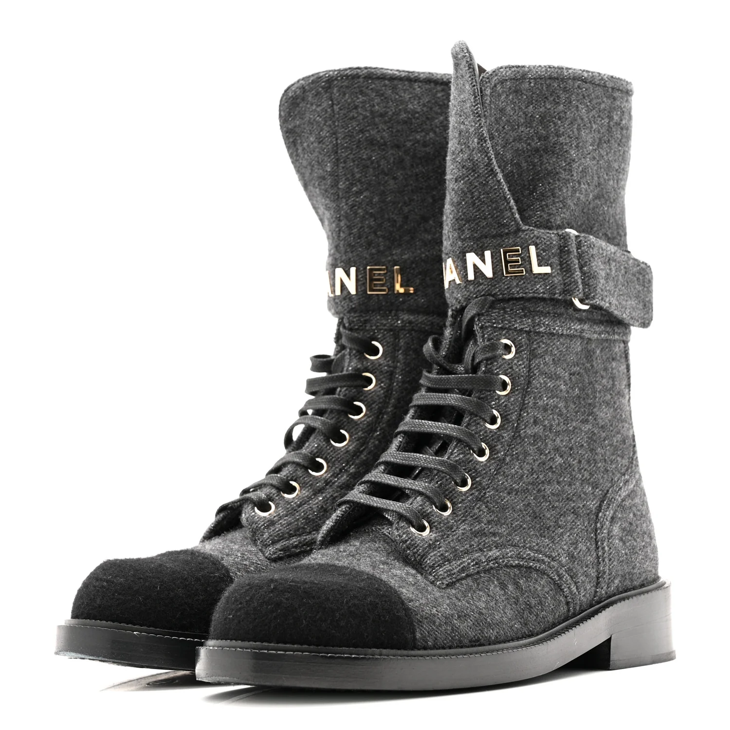 Tweed Lace Up Combat Boots 37.5 Dark Grey Black - Image 7
