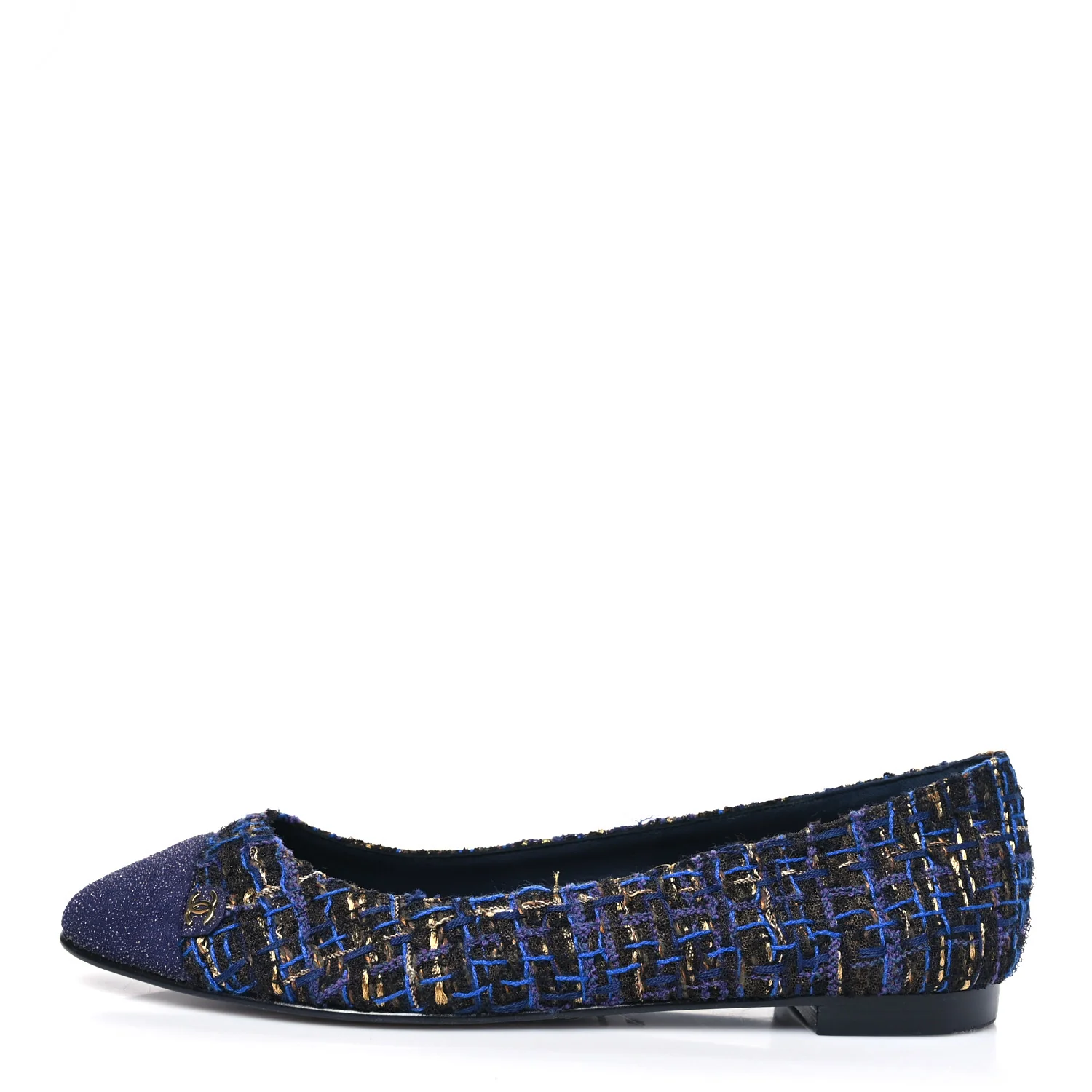 Tweed Lambskin Cap Toe Ballerina Flats 40 Navy Blue Black
