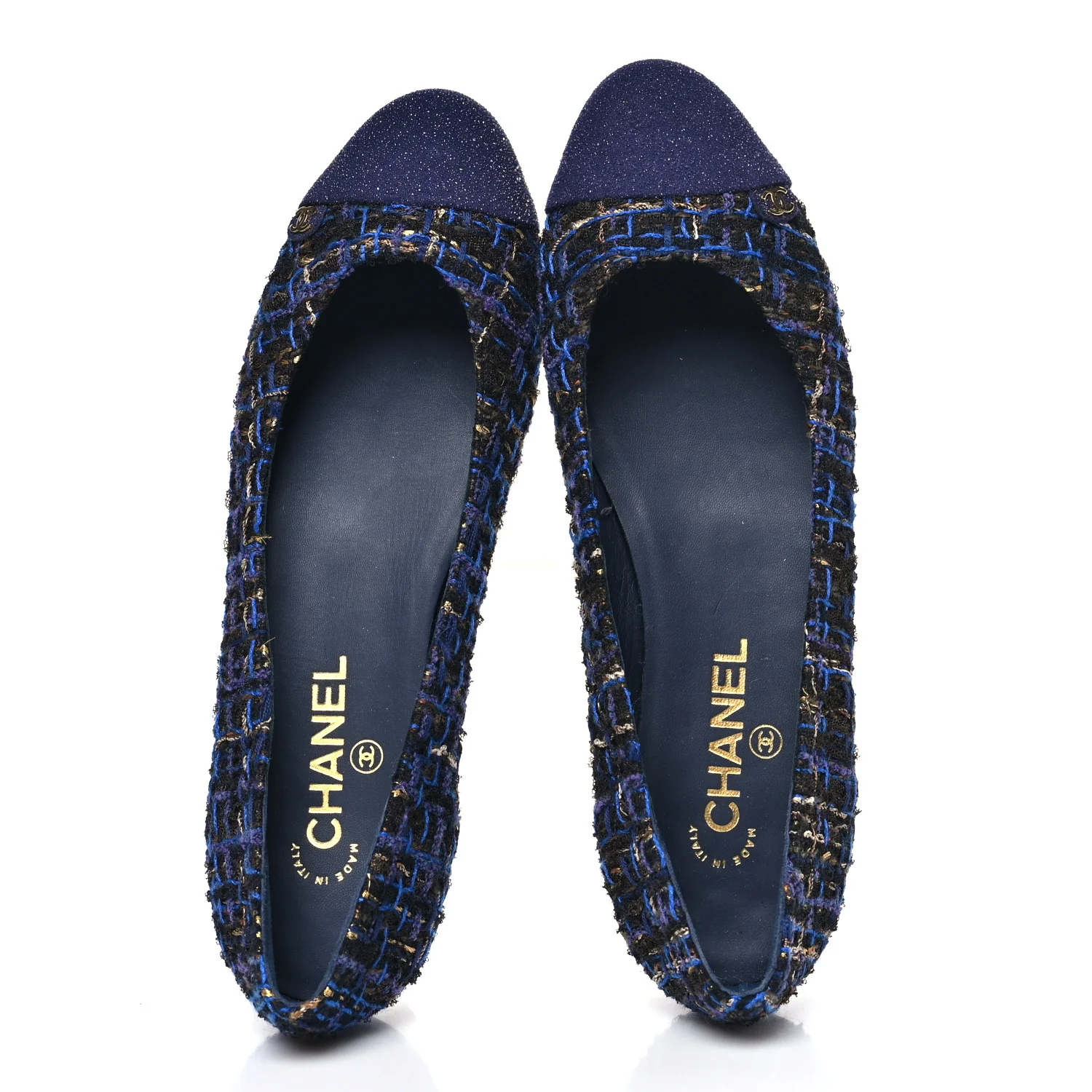 Tweed Lambskin Cap Toe Ballerina Flats 40 Navy Blue Black - Image 2