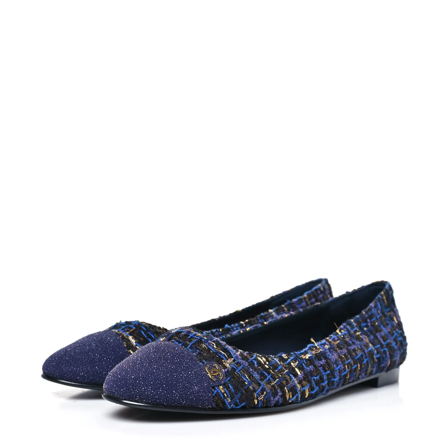 Tweed Lambskin Cap Toe Ballerina Flats 40 Navy Blue Black - Image 4