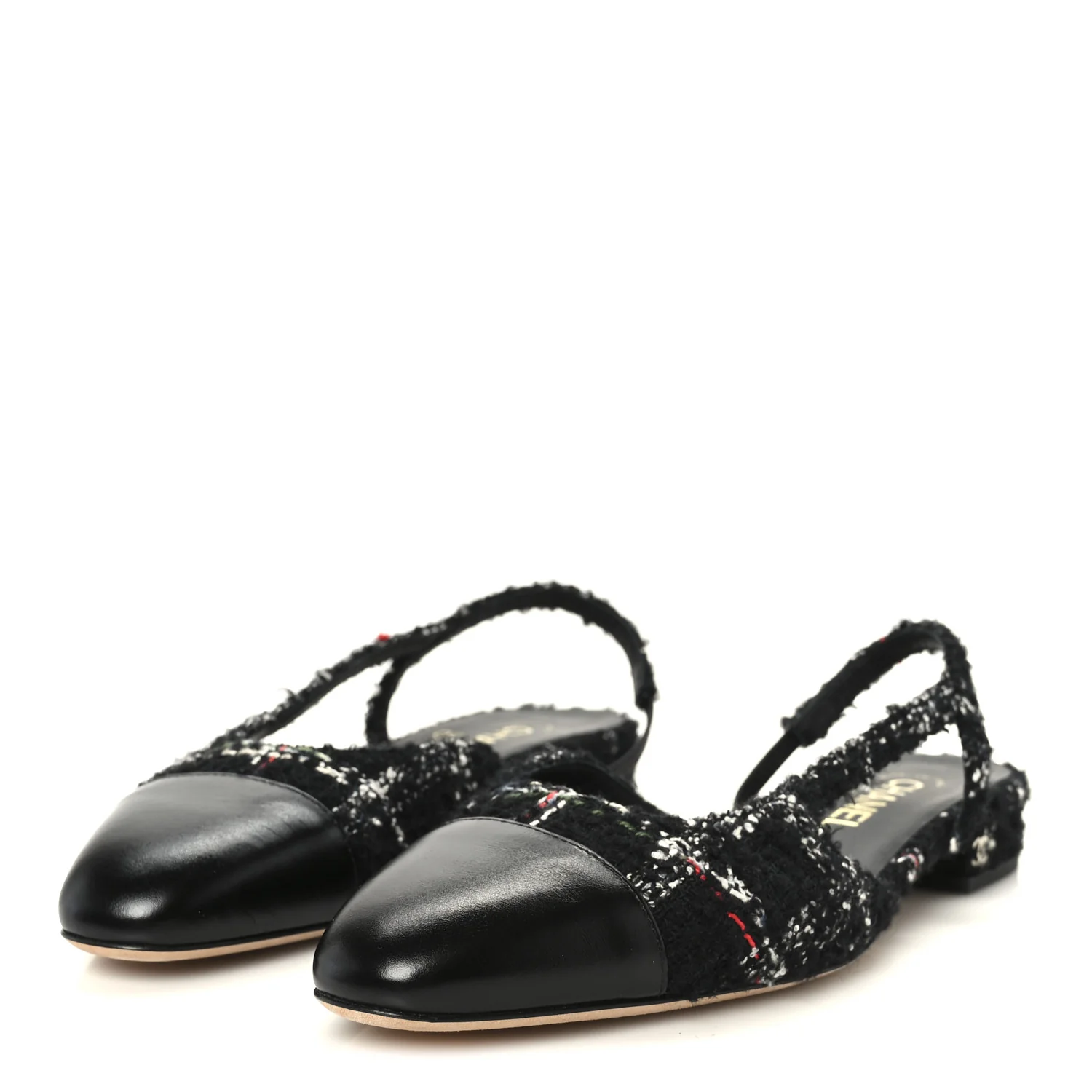 Tweed Lambskin Cap Toe CC Slingback Flats 39 Black White Multicolor - Image 4