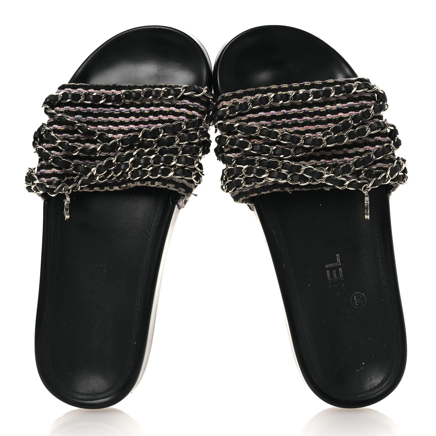 Tweed Lambskin Chain Flat Sandals 36 Black Multicolor - Image 2