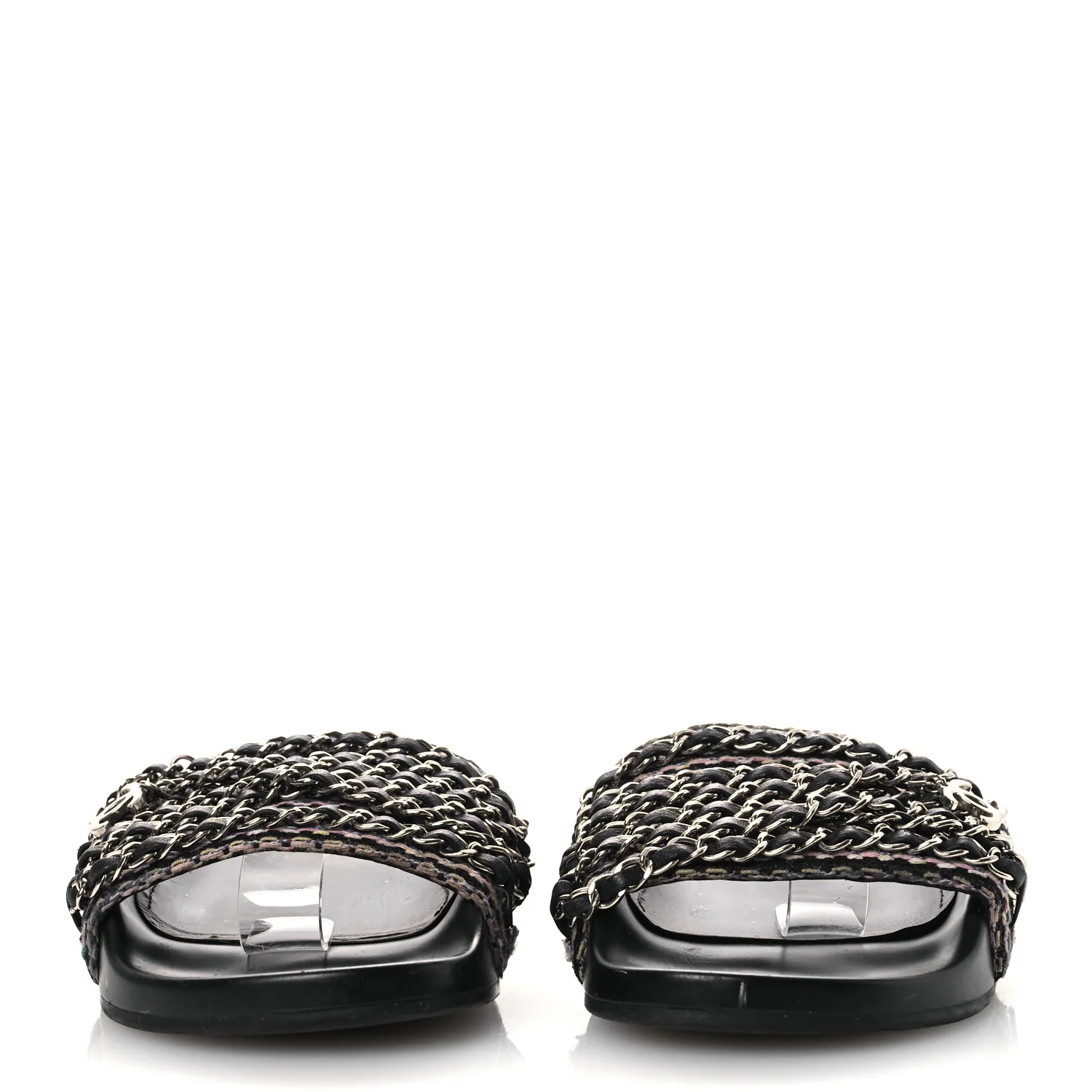 Tweed Lambskin Chain Flat Sandals 36 Black Multicolor - Image 3