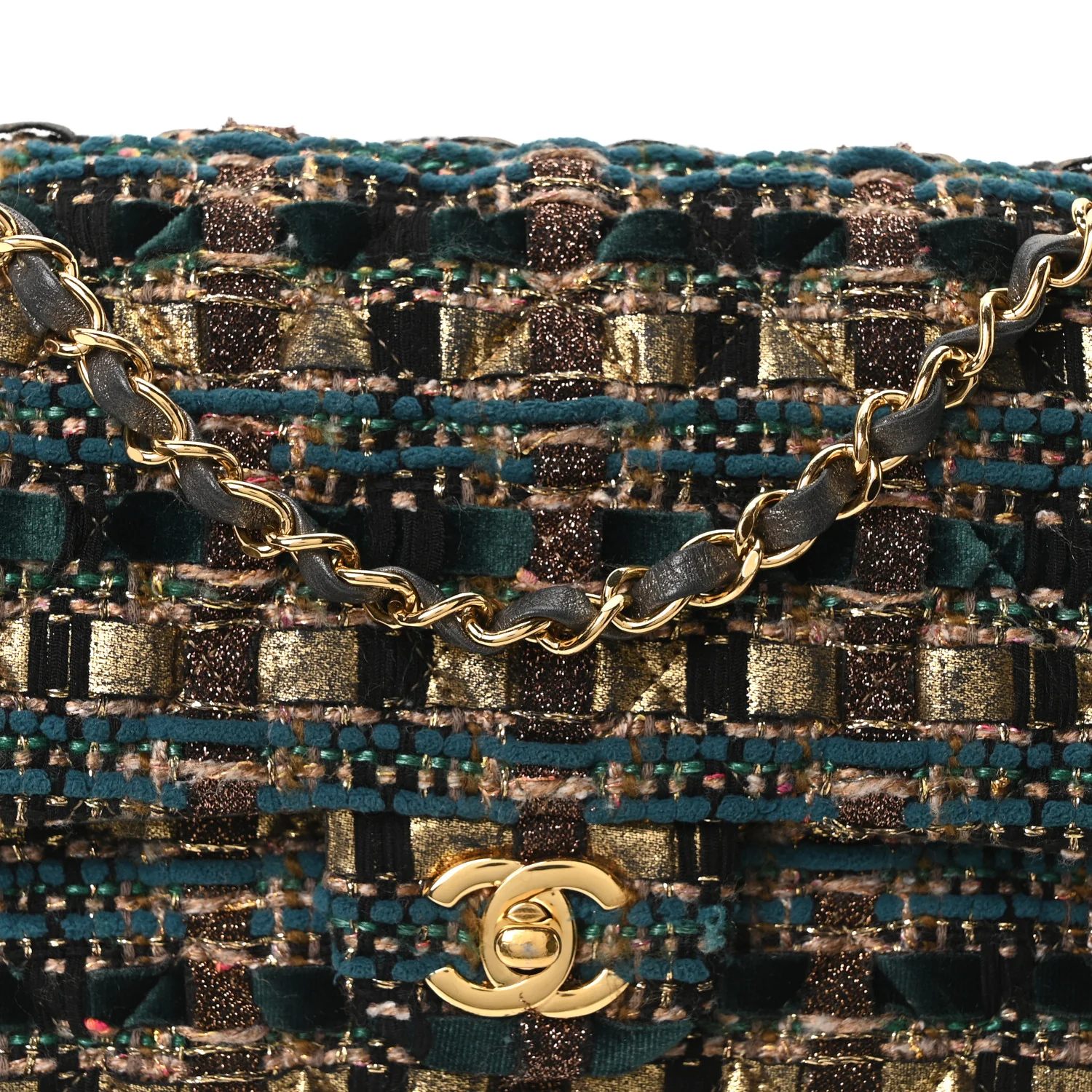Tweed Metallic Lambskin Quilted Egyptian Double Flap Multicolor Gold - Image 8
