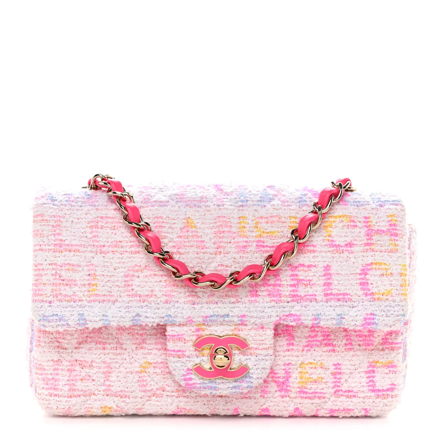 Tweed Quilted Enamel CC Logo Mini Rectangular Flap Pink Multicolor