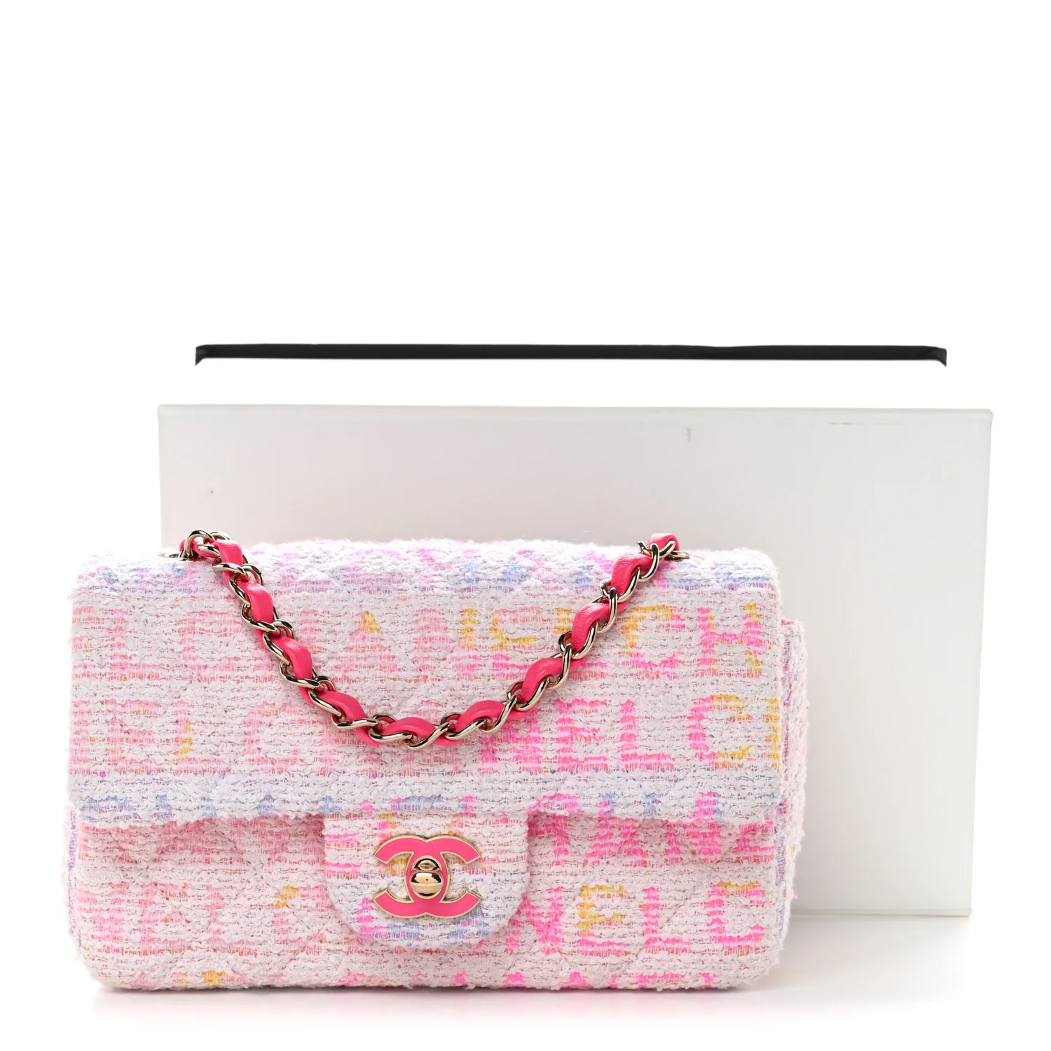 Tweed Quilted Enamel CC Logo Mini Rectangular Flap Pink Multicolor - Image 11