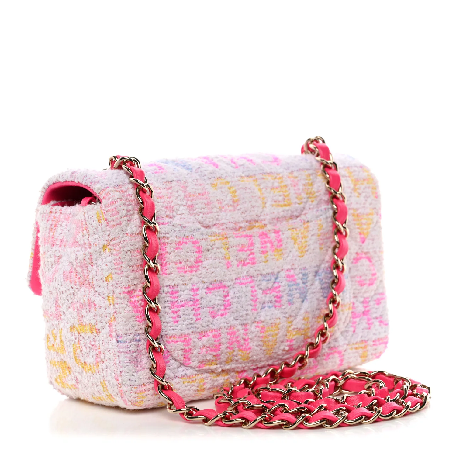 Tweed Quilted Enamel CC Logo Mini Rectangular Flap Pink Multicolor - Image 3