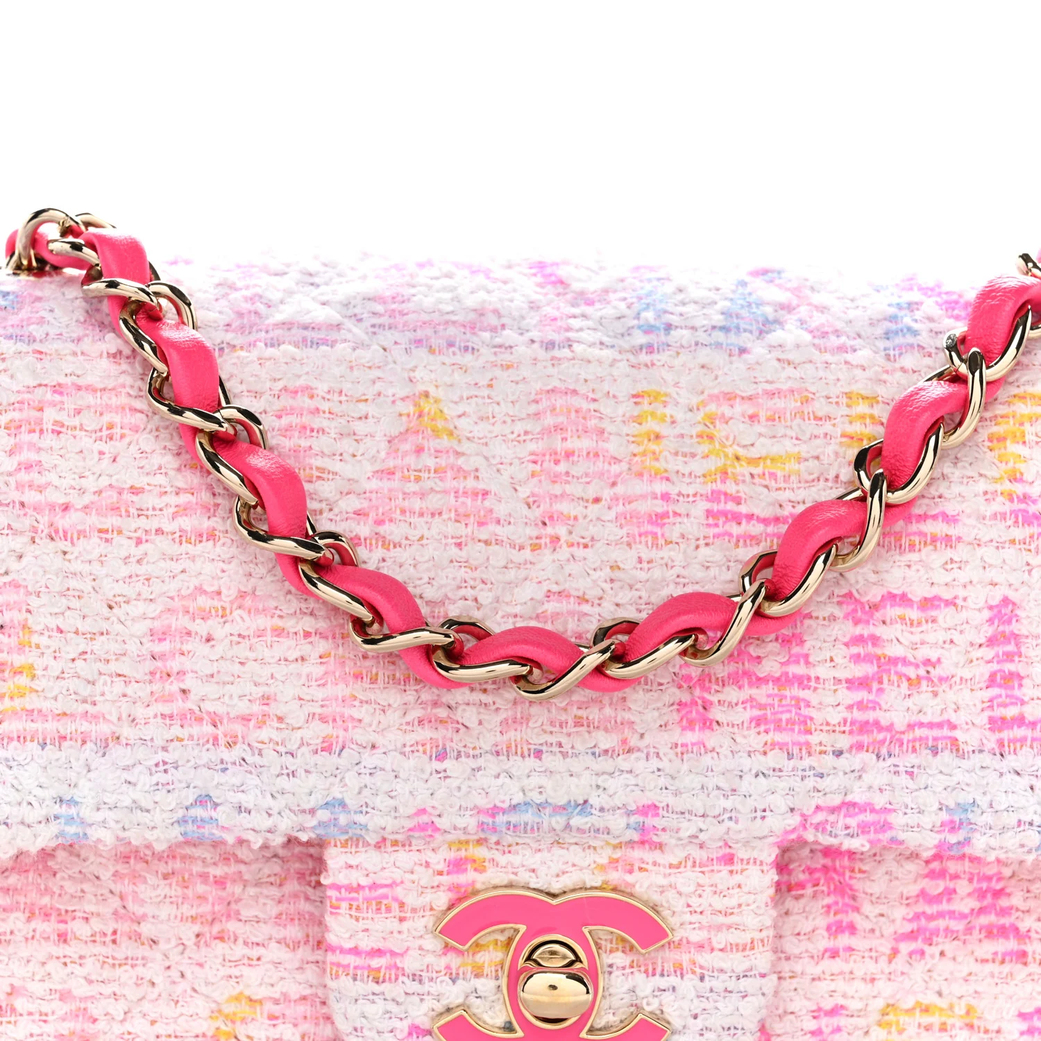 Tweed Quilted Enamel CC Logo Mini Rectangular Flap Pink Multicolor - Image 8