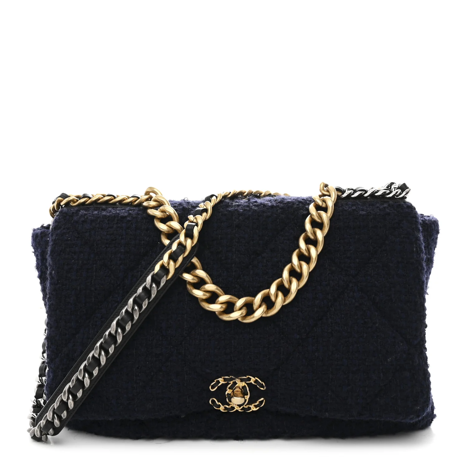 Tweed Quilted Maxi Chanel 19 Flap Navy