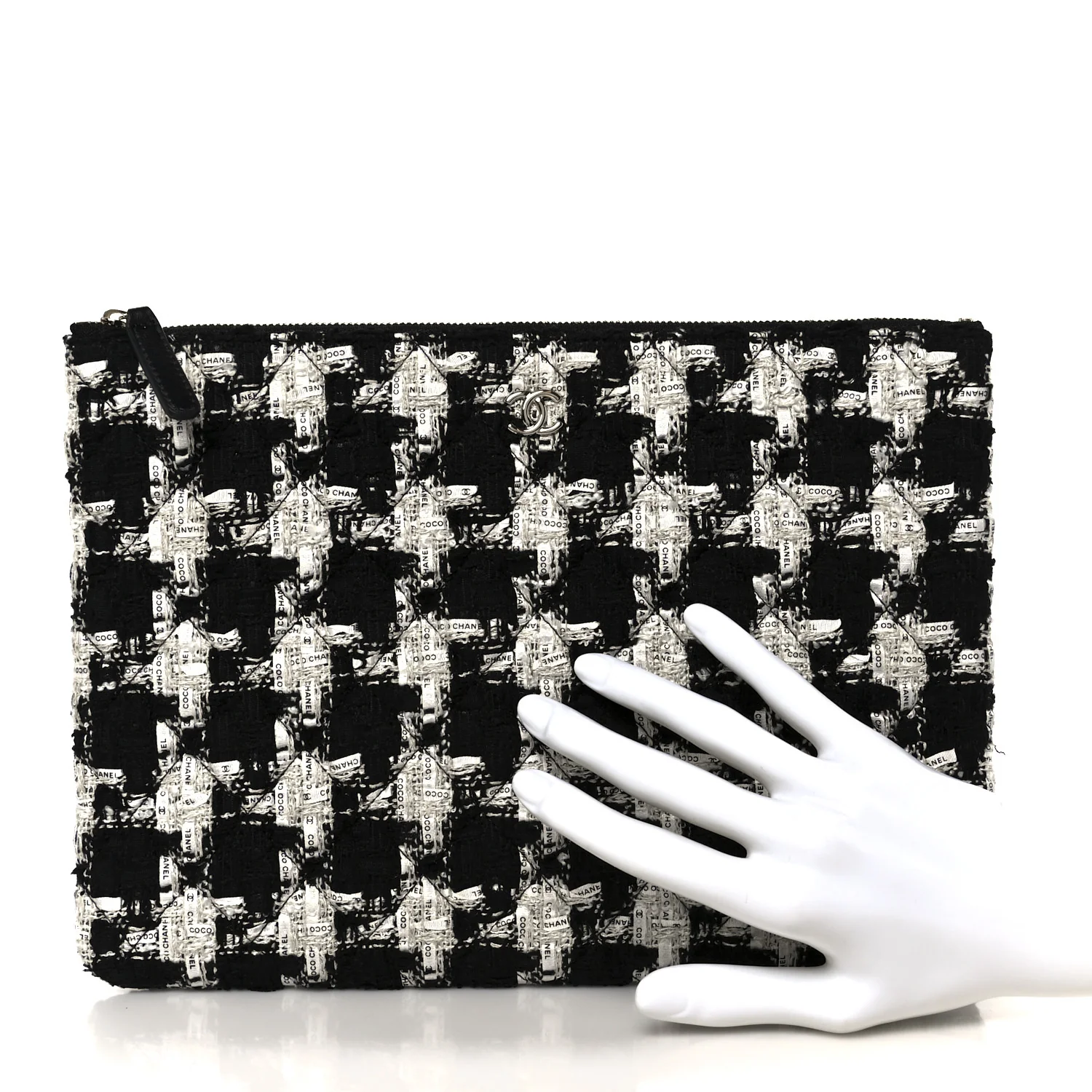 Tweed Quilted Medium Cosmetic Pouch Black Ecru White - Image 2