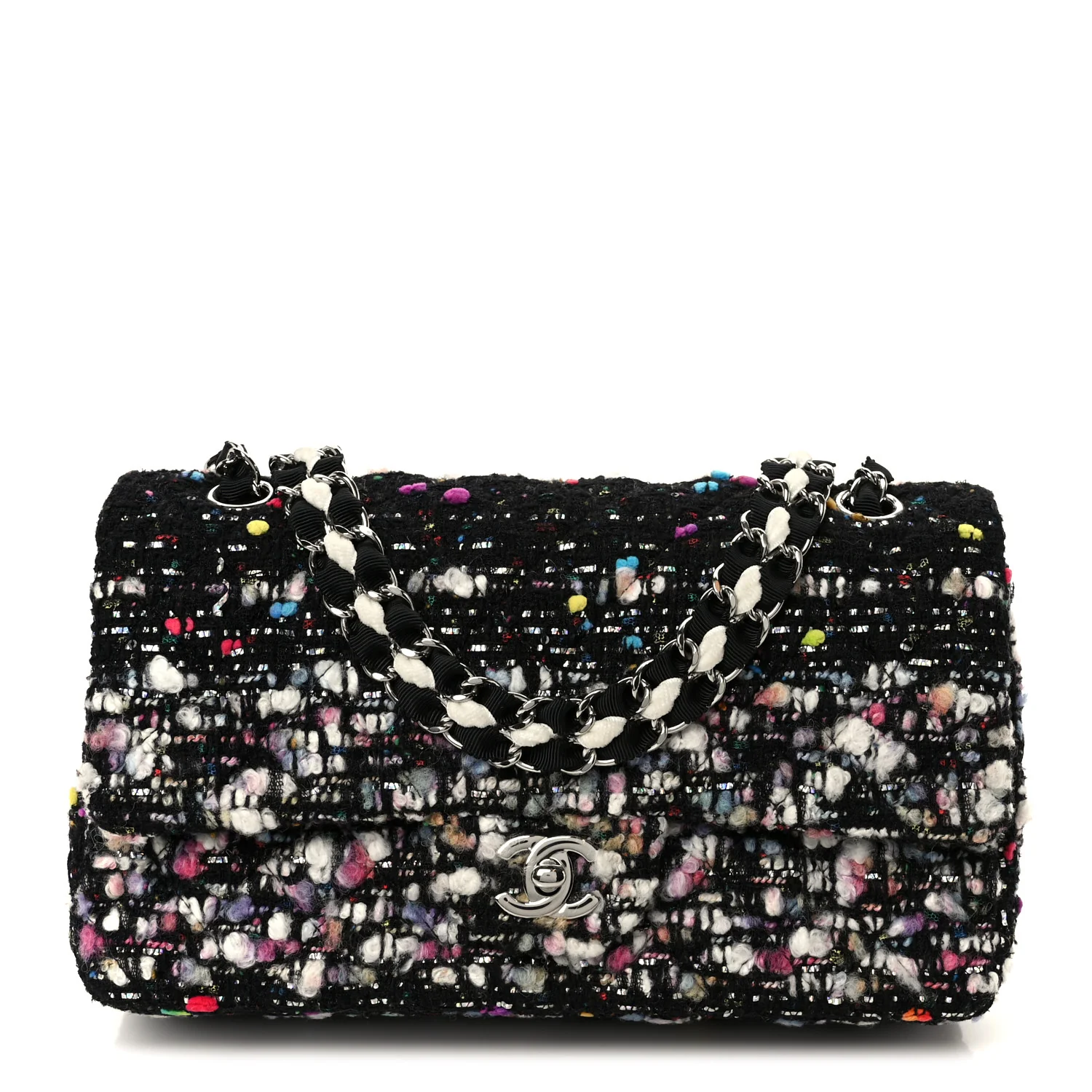 Tweed Quilted Medium Double Flap Black White Yellow Pink